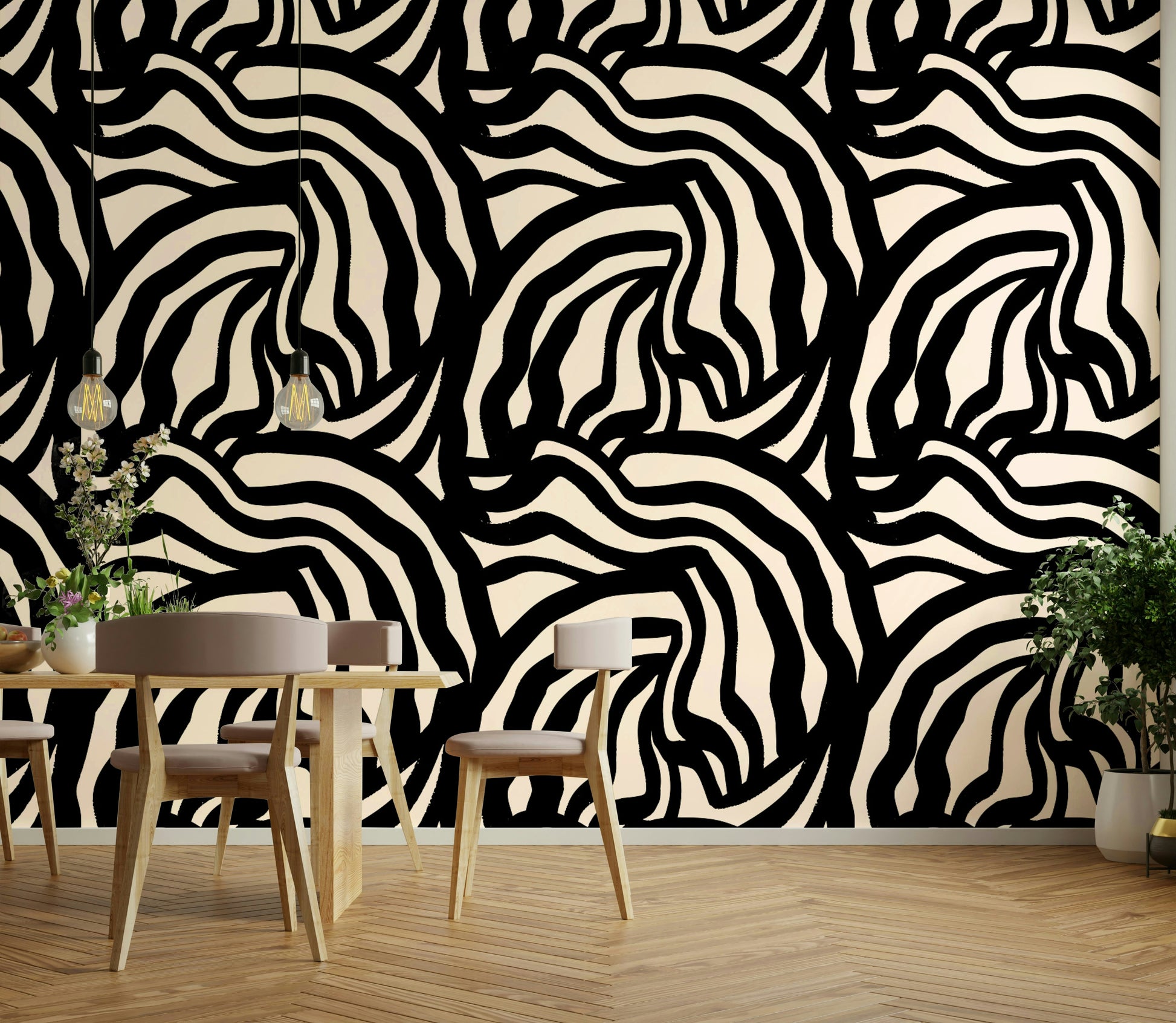 A corner of a room showing the wallpaper wrapping neatly around the wall