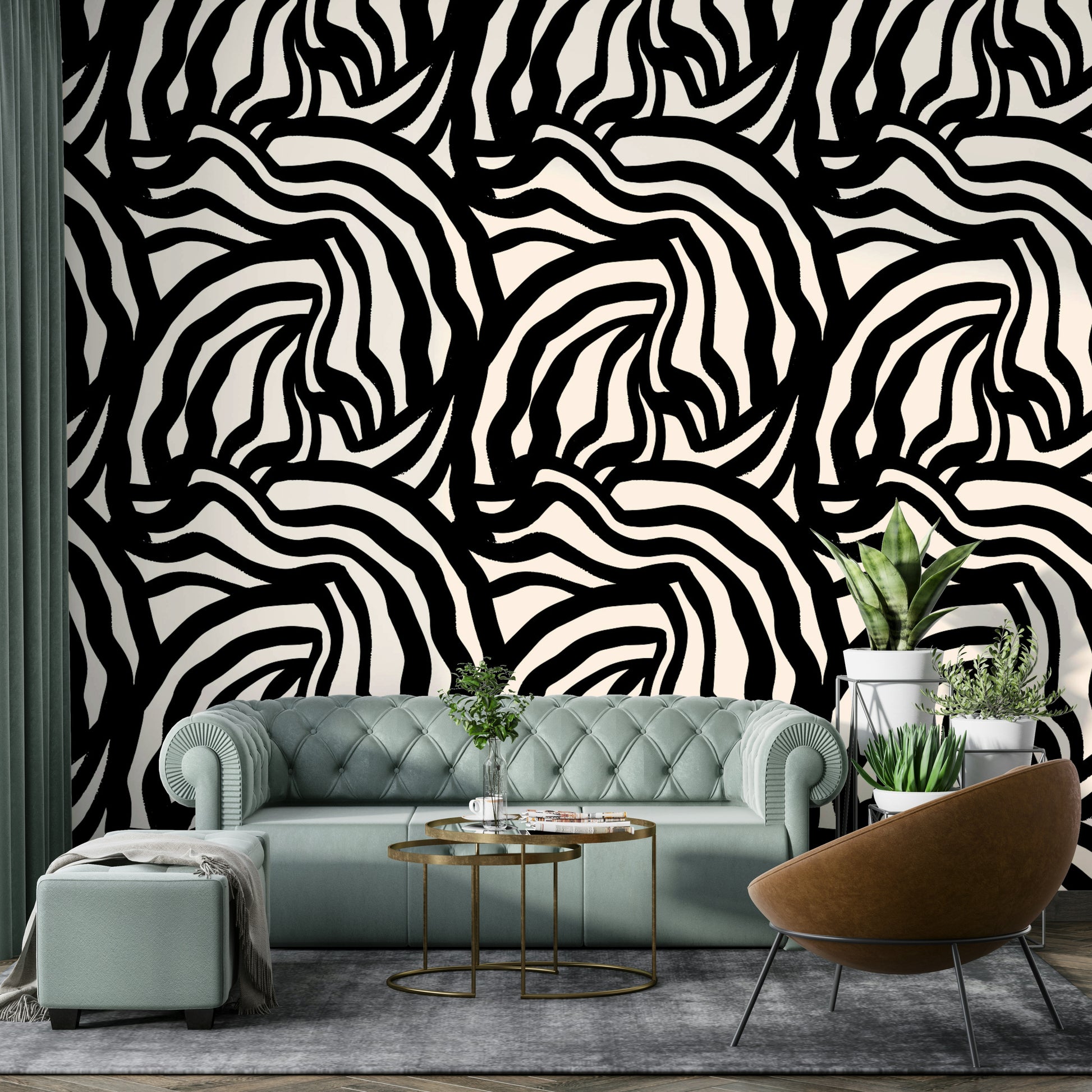The wallpaper in a stylish dining room, complementing the decor