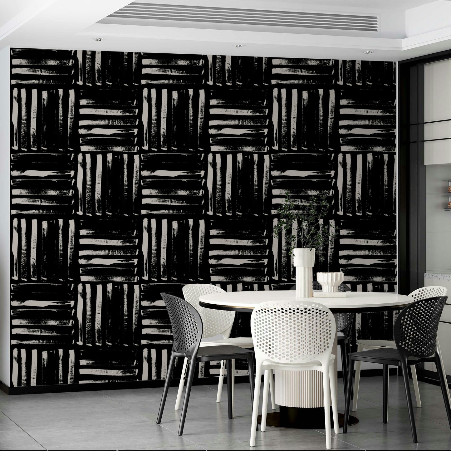 A bedroom with the wallpaper for walls, featuring vertical stripes to make the ceiling appear higher