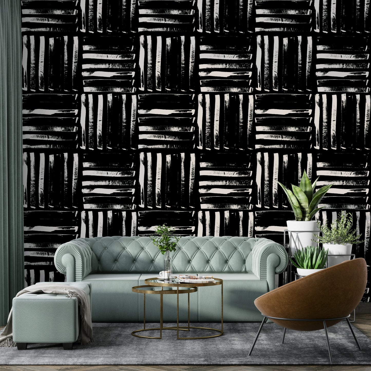  The wall mural with horizontal stripes, making a smaller room feel wider