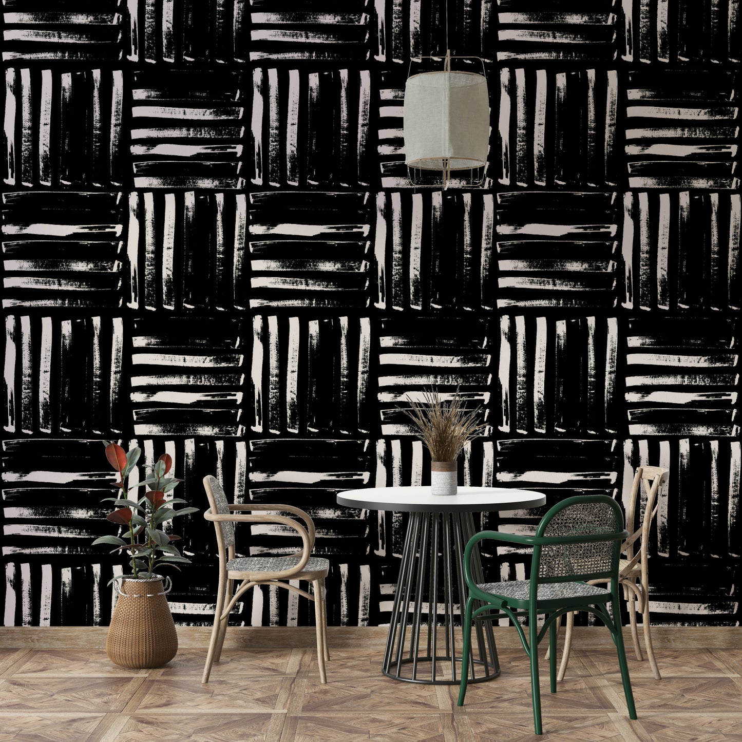 Detail of the wallpaper's texture and color variation in the painted lines