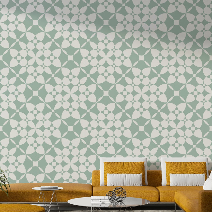 A corner of a room showcasing the wallpaper's full design.

