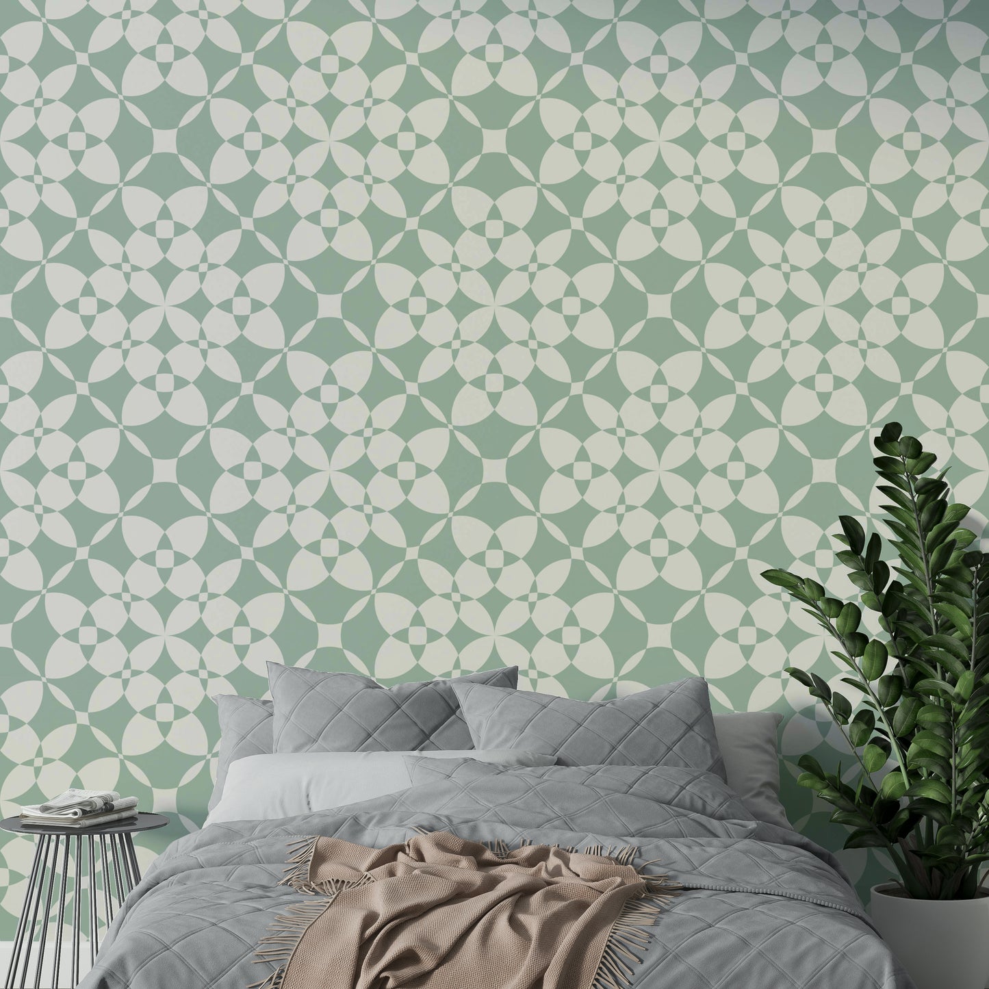 A modern kitchen wall covered in a pastel tiles wallpaper.

