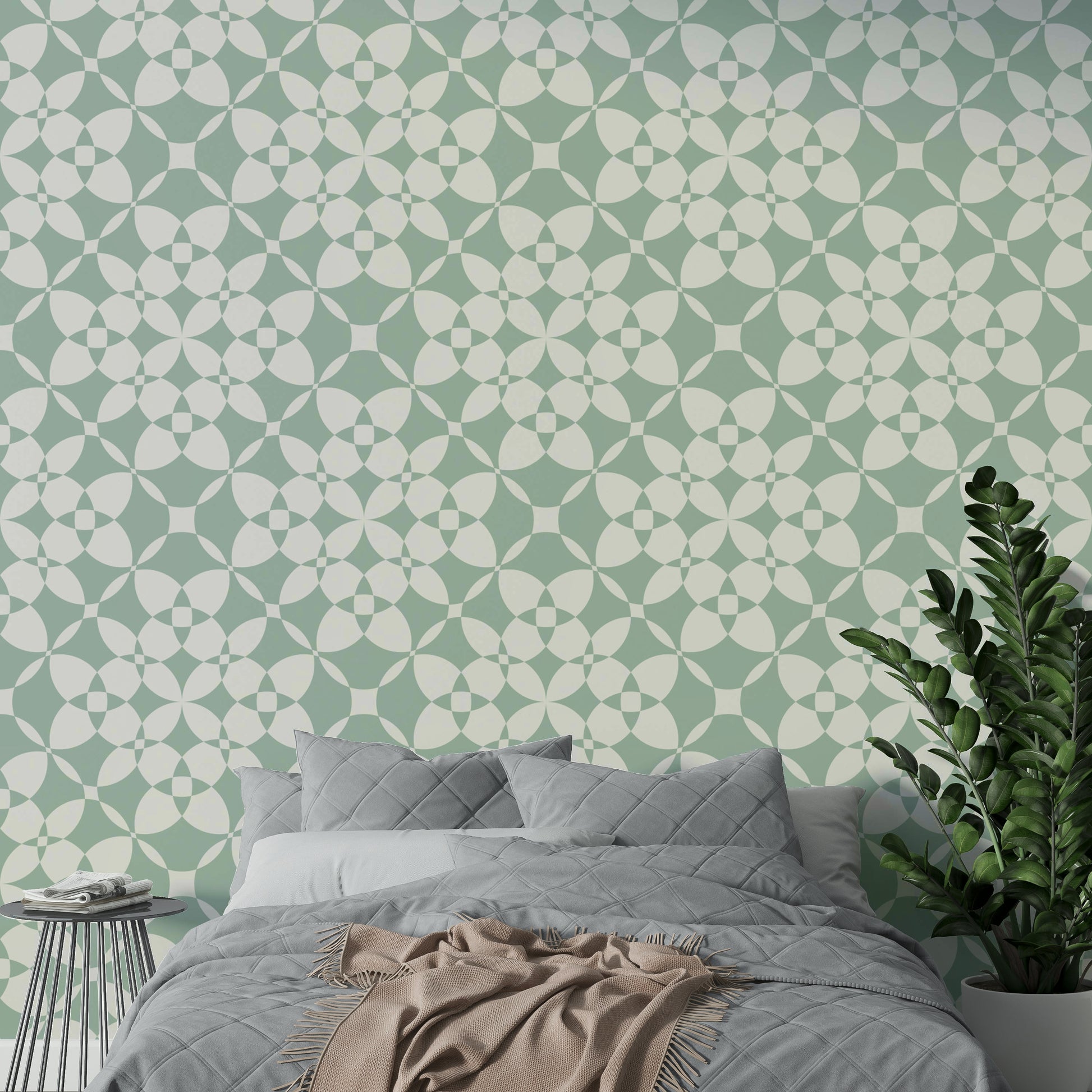 A modern kitchen wall covered in a pastel tiles wallpaper.

