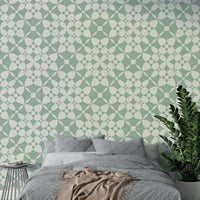 A modern kitchen wall covered in a pastel tiles wallpaper.

