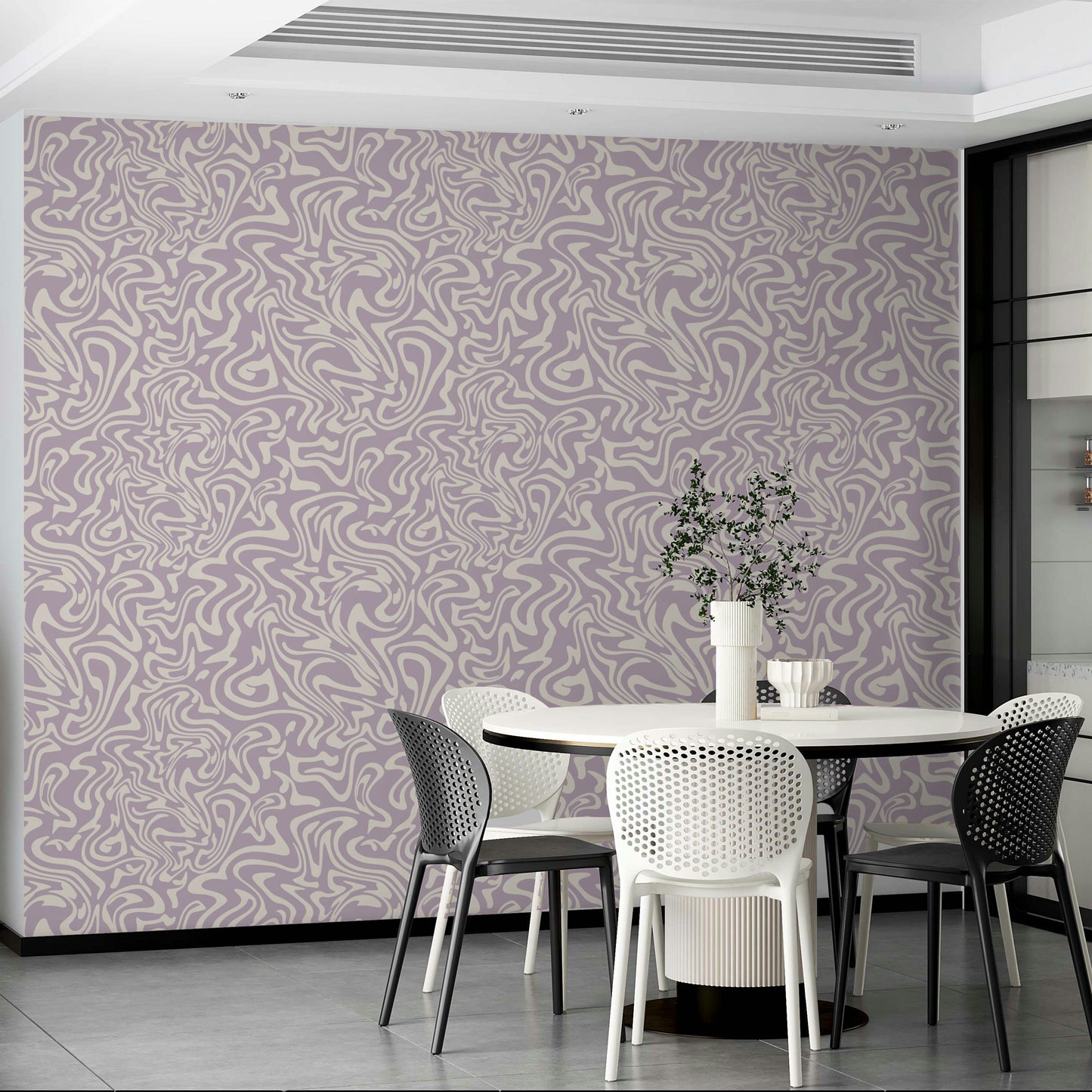 A corner of a room showcasing the wallpaper's full design.

