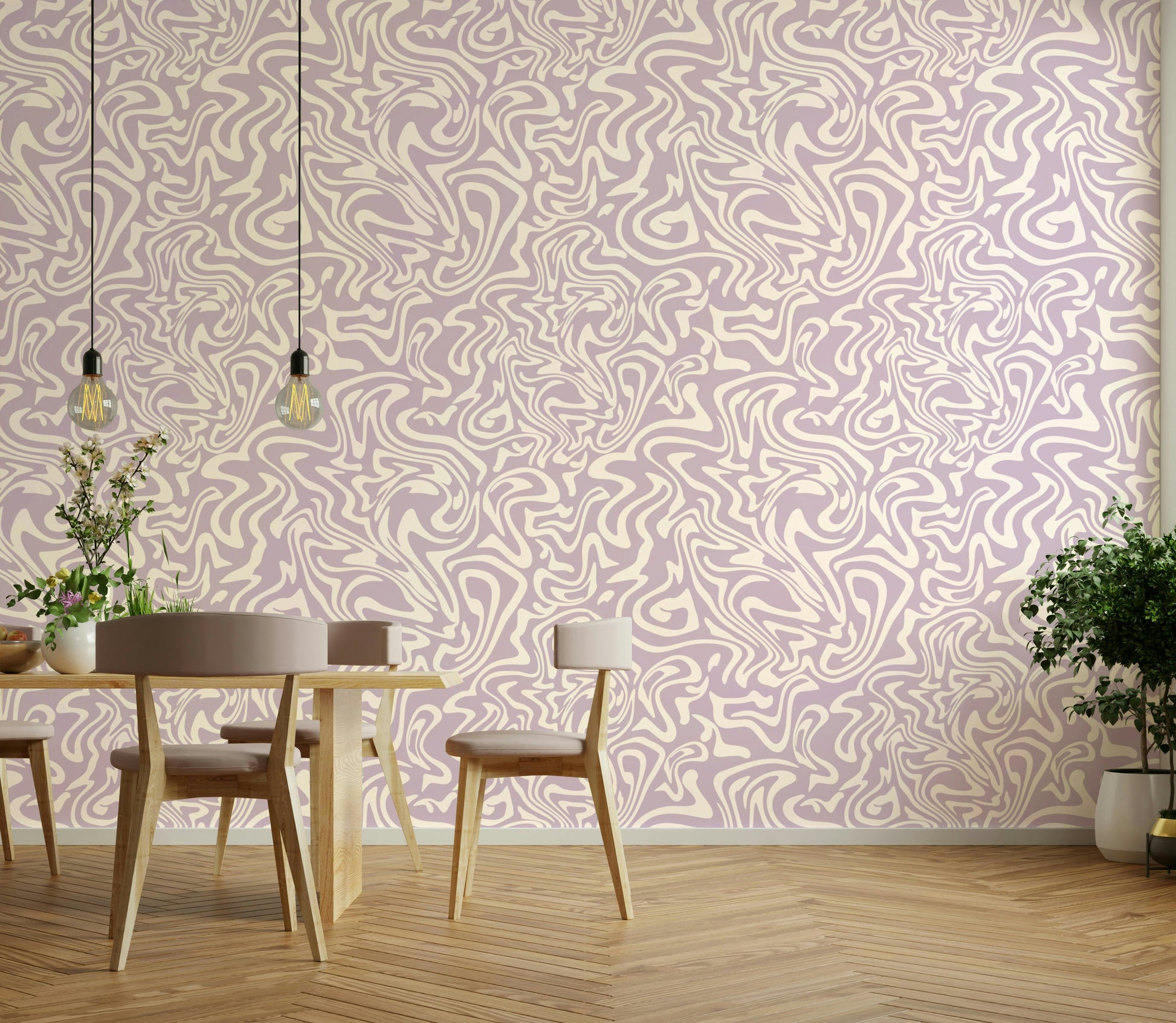 An installation view of the wallpaper being hung on a wall.

