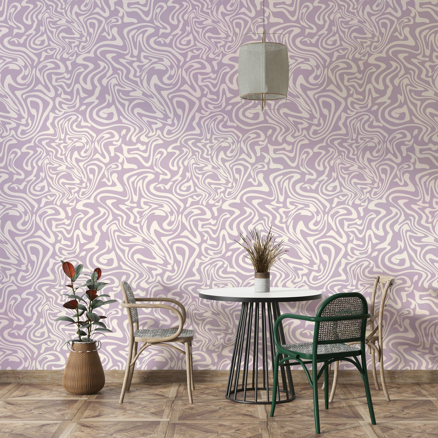 The soft, muted tones of the wallpaper design.

