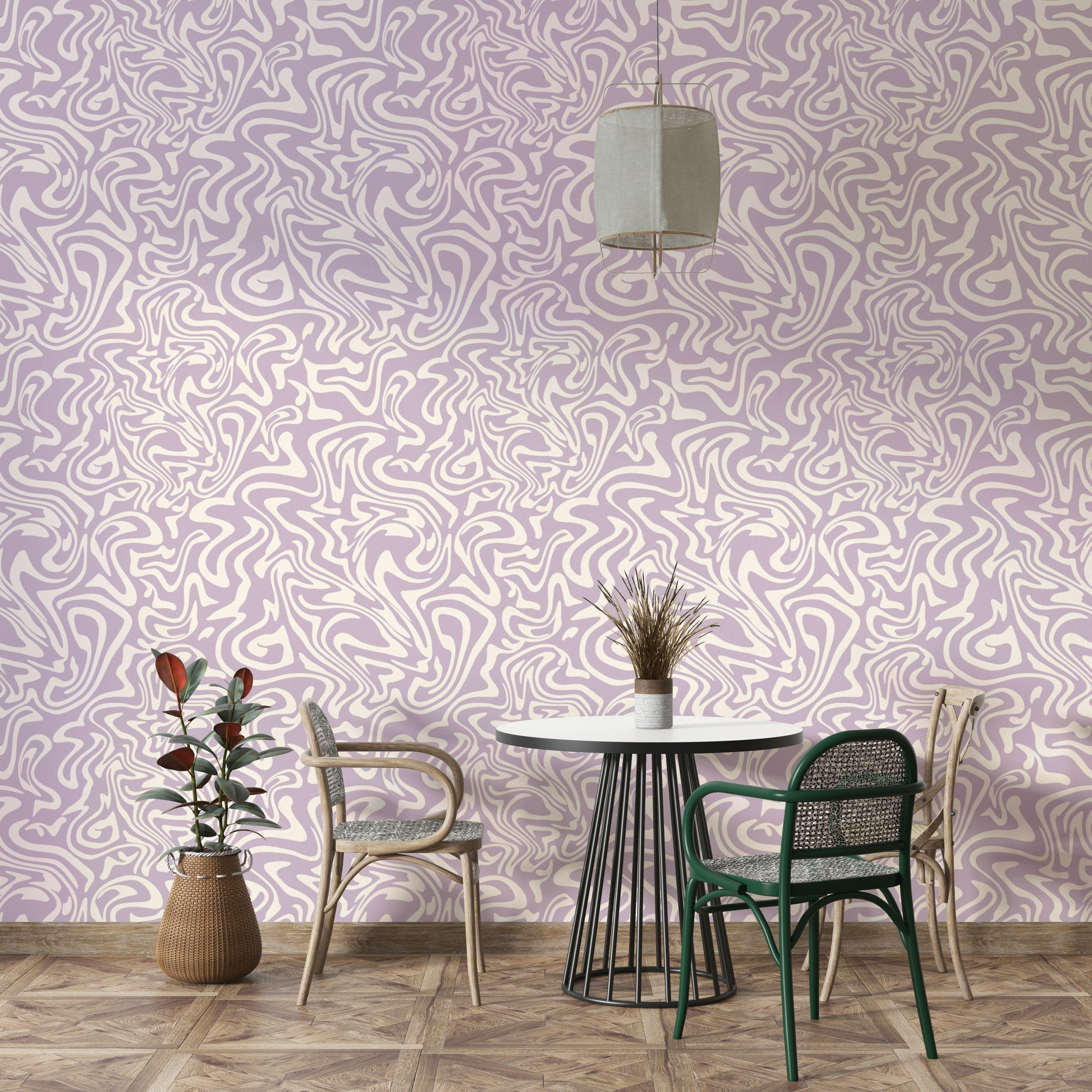 The soft, muted tones of the wallpaper design.

