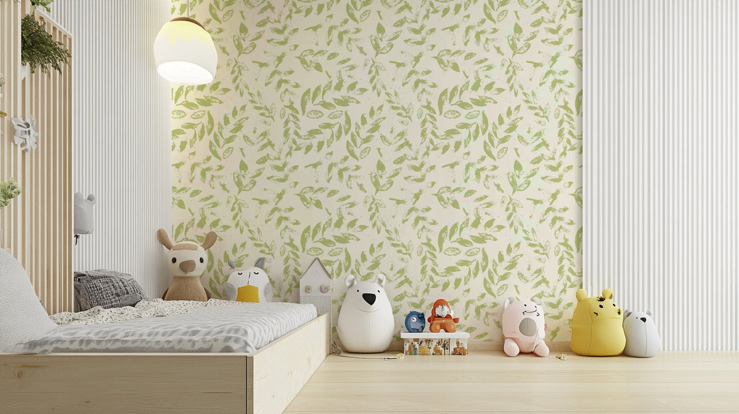 A close-up of a subtle green leaf pattern on a light-colored wallpaper.

