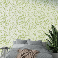 A corner of a room showcasing the wallpaper's full design.

