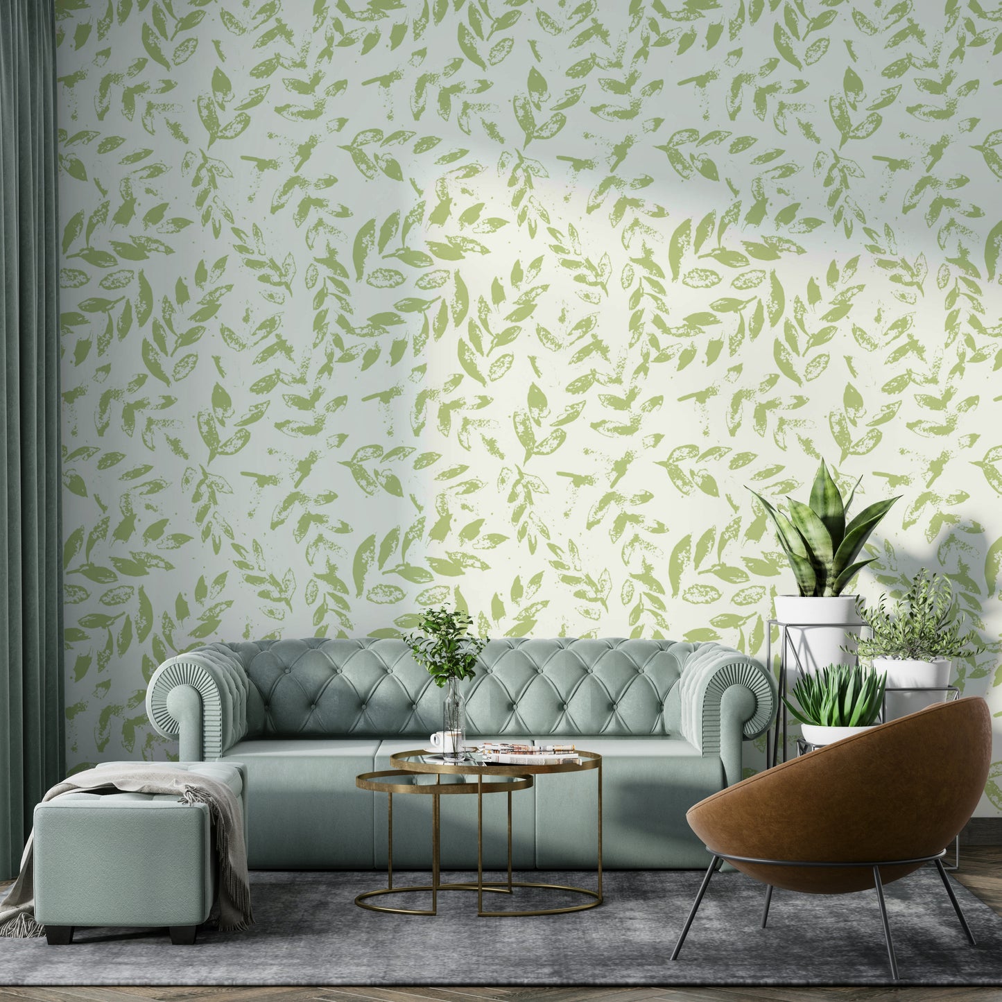 A bedroom wall covered in a subtle green printed leaves wallpaper.

