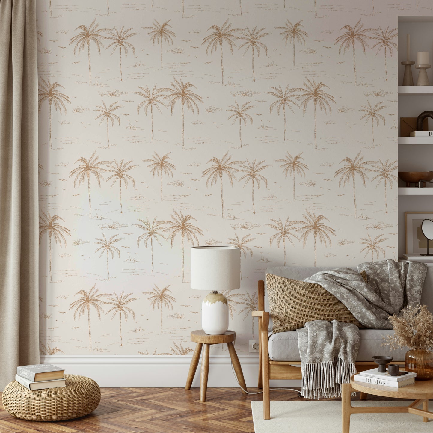 A modern living room wall covered in a sketched palms wallpaper.

