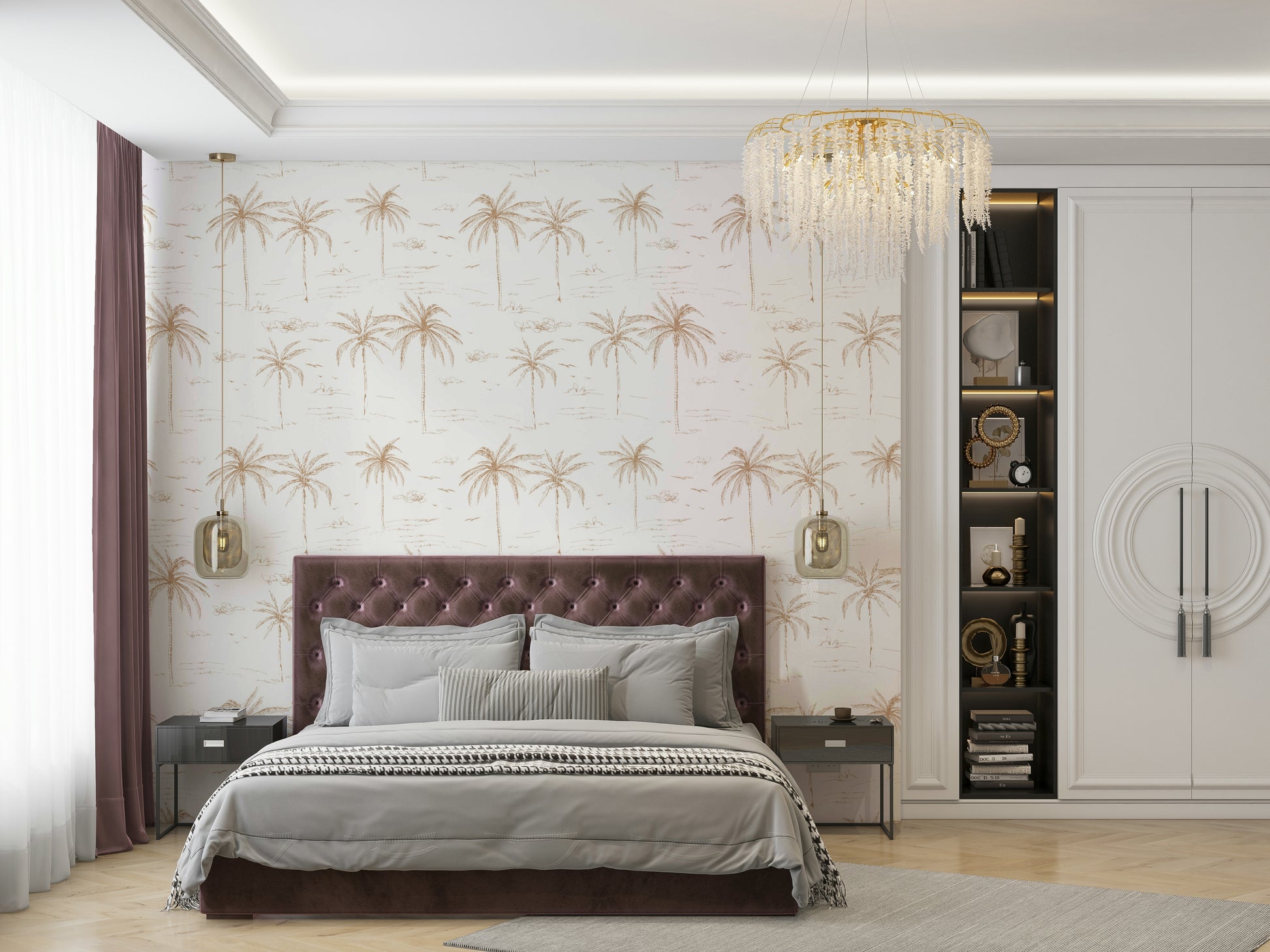 An installation view of the wallpaper being hung on a wall.

