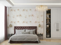 An installation view of the wallpaper being hung on a wall.

