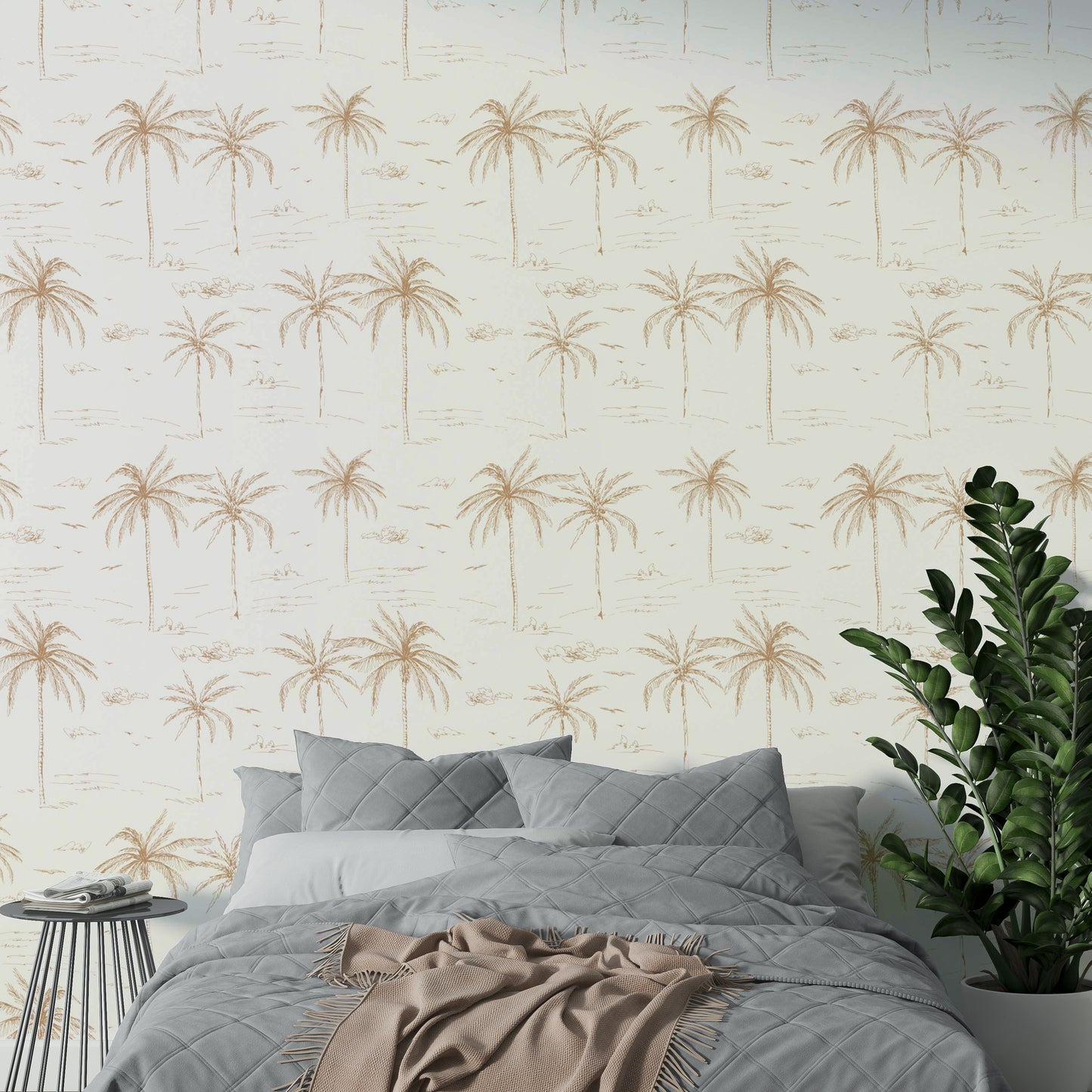 A close-up of a hand-sketched palm leaf pattern on wallpaper.

