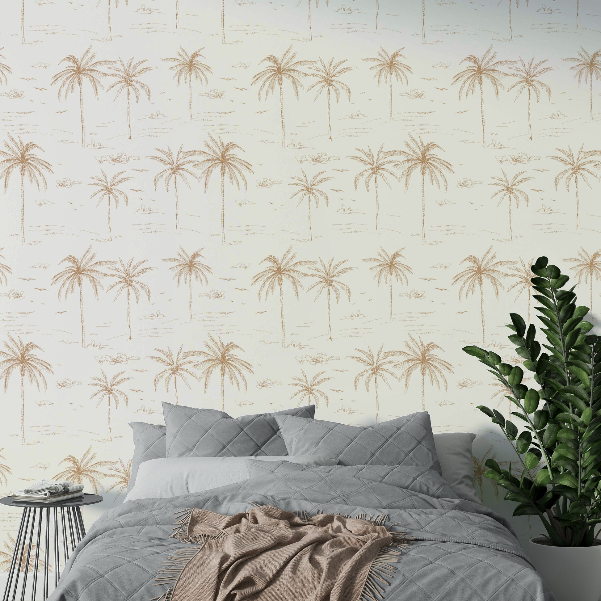 A close-up of a hand-sketched palm leaf pattern on wallpaper.

