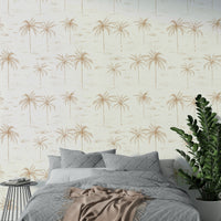 A close-up of a hand-sketched palm leaf pattern on wallpaper.

