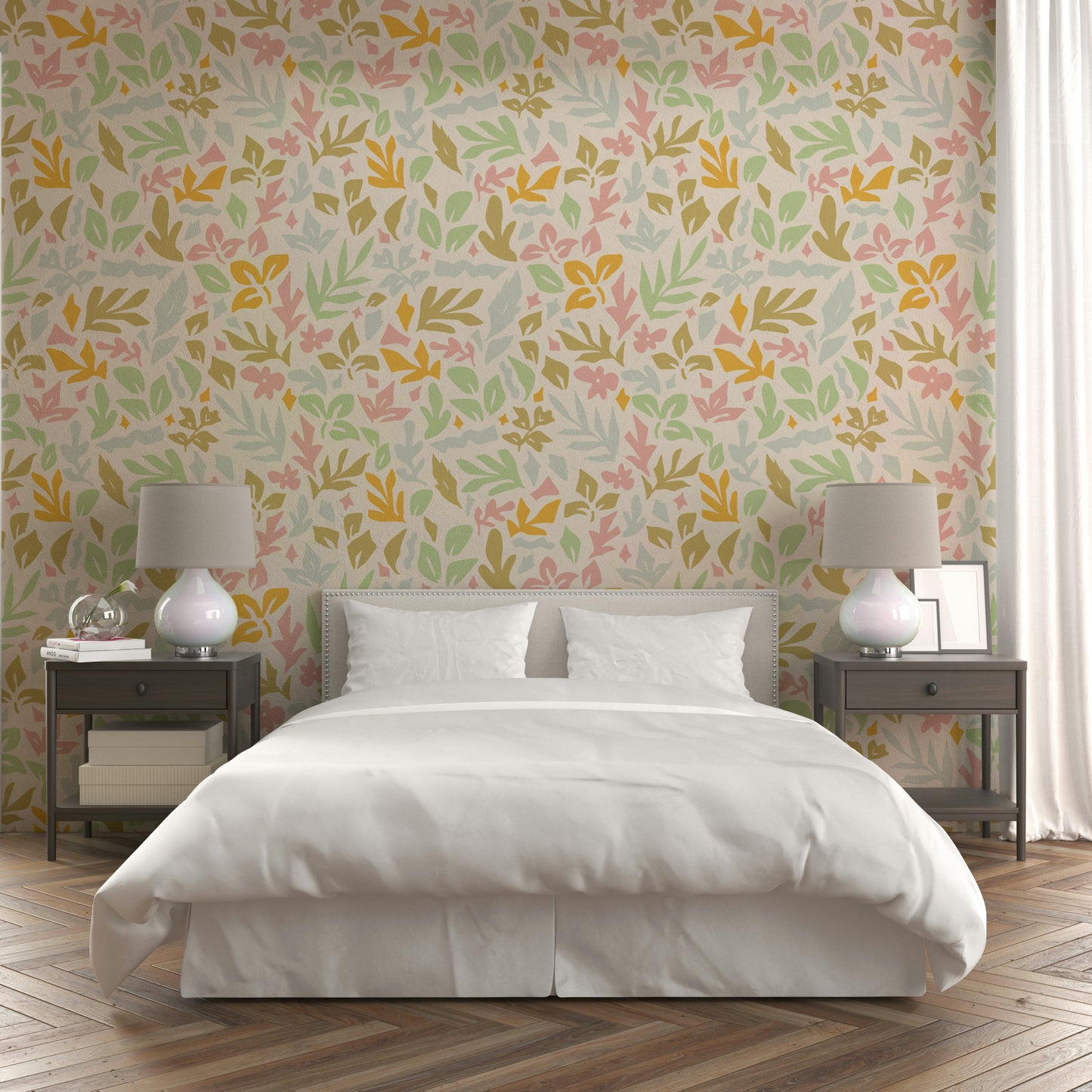 Abstract Botanical Shapes Wallpaper on an accent wall.
