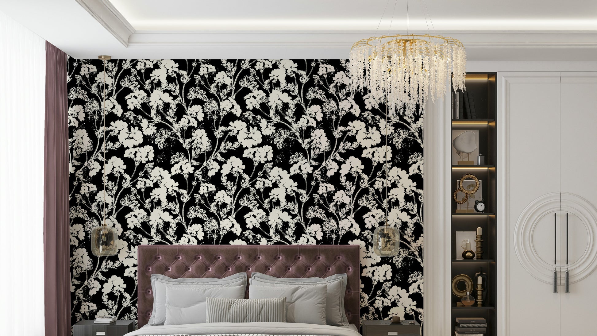 The White Plants Wallpaper in a brightly lit room.
