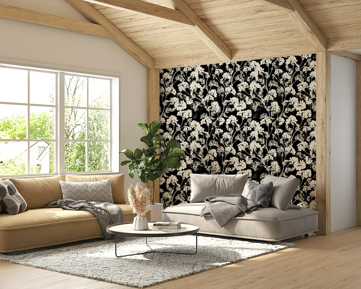 Light wood furniture and neutral textiles are in the room.
