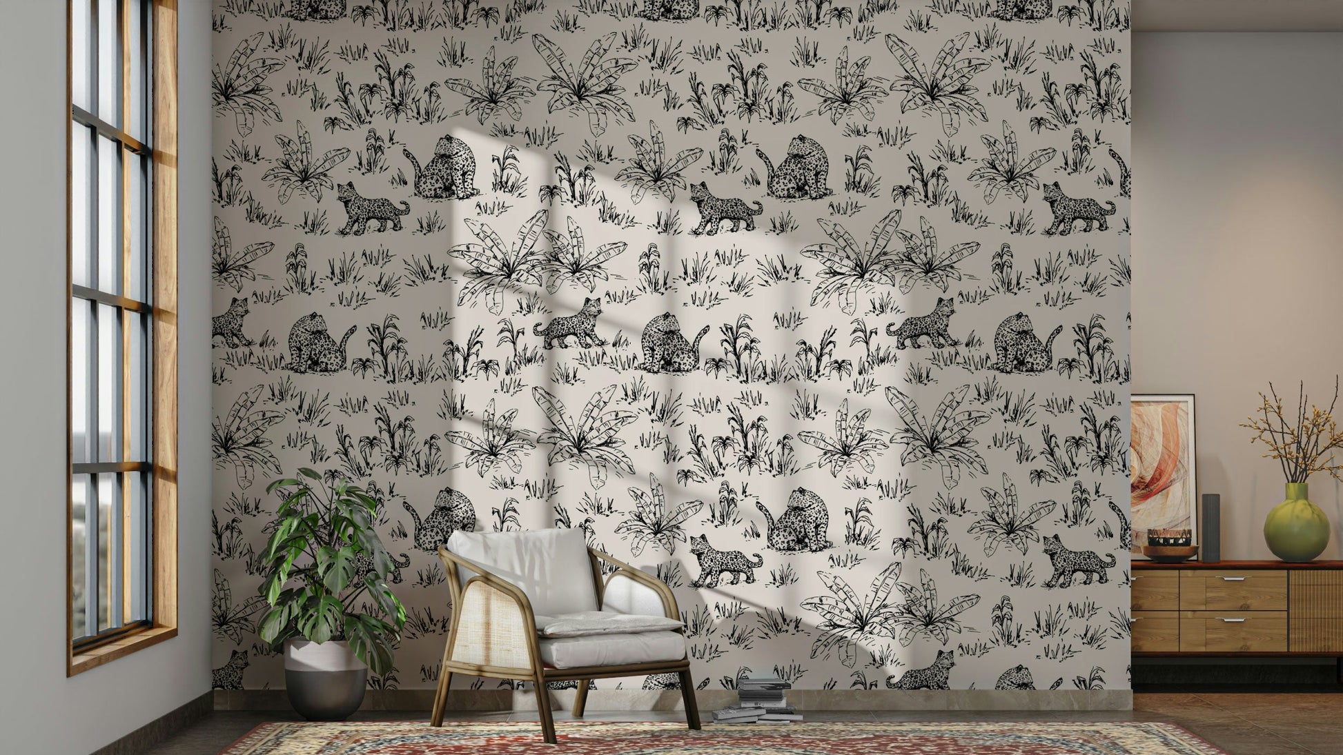 A living room decorated with a leopard mural

