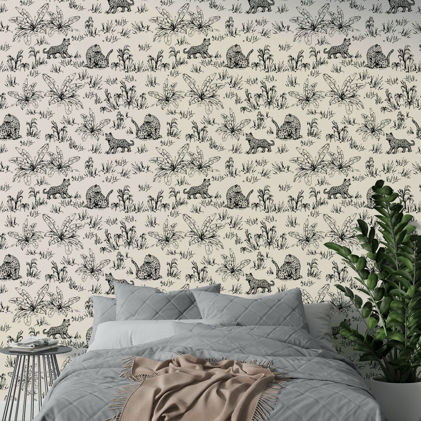 An angled shot of a wall with animal wallpaper


