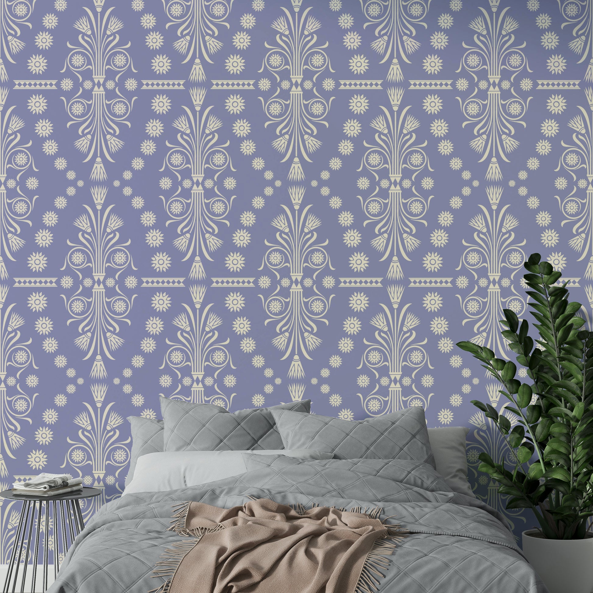 An angled shot of a wall with intricate wallpaper

