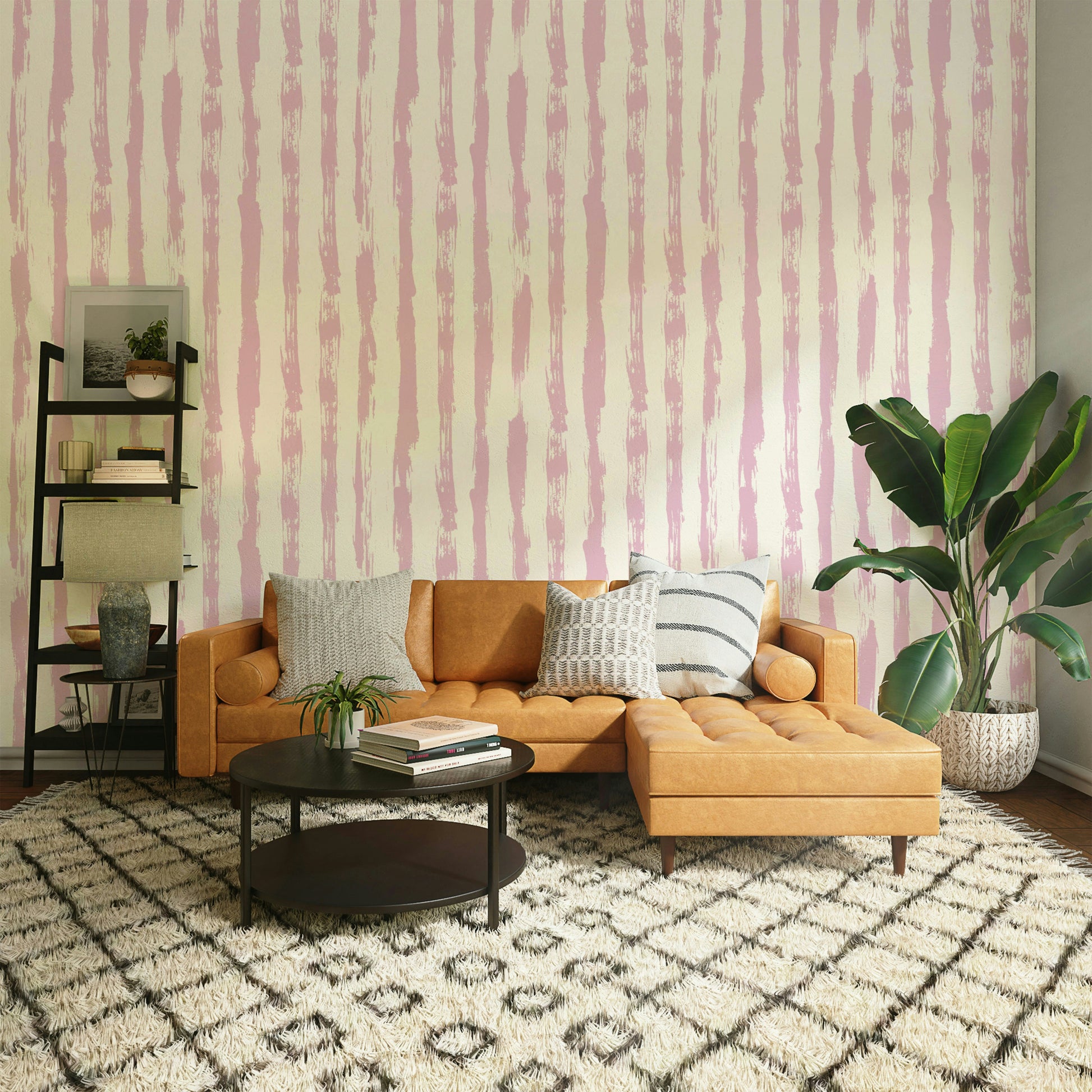 Wallpaper with a cheerful pink and white stripe design

