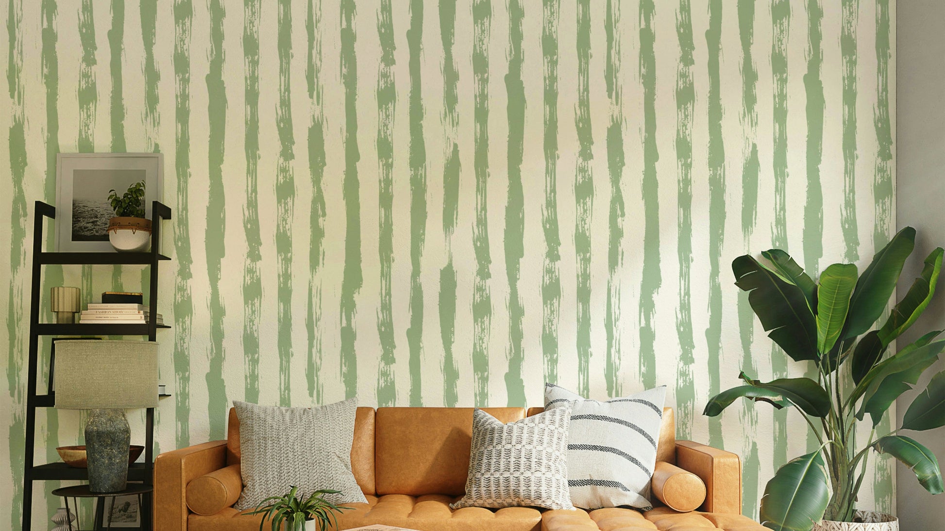 A bedroom decorated with a striped mural

