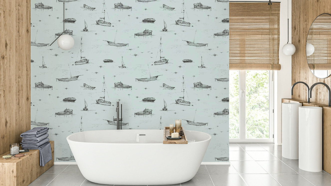 Wallpaper with a line art boat design

