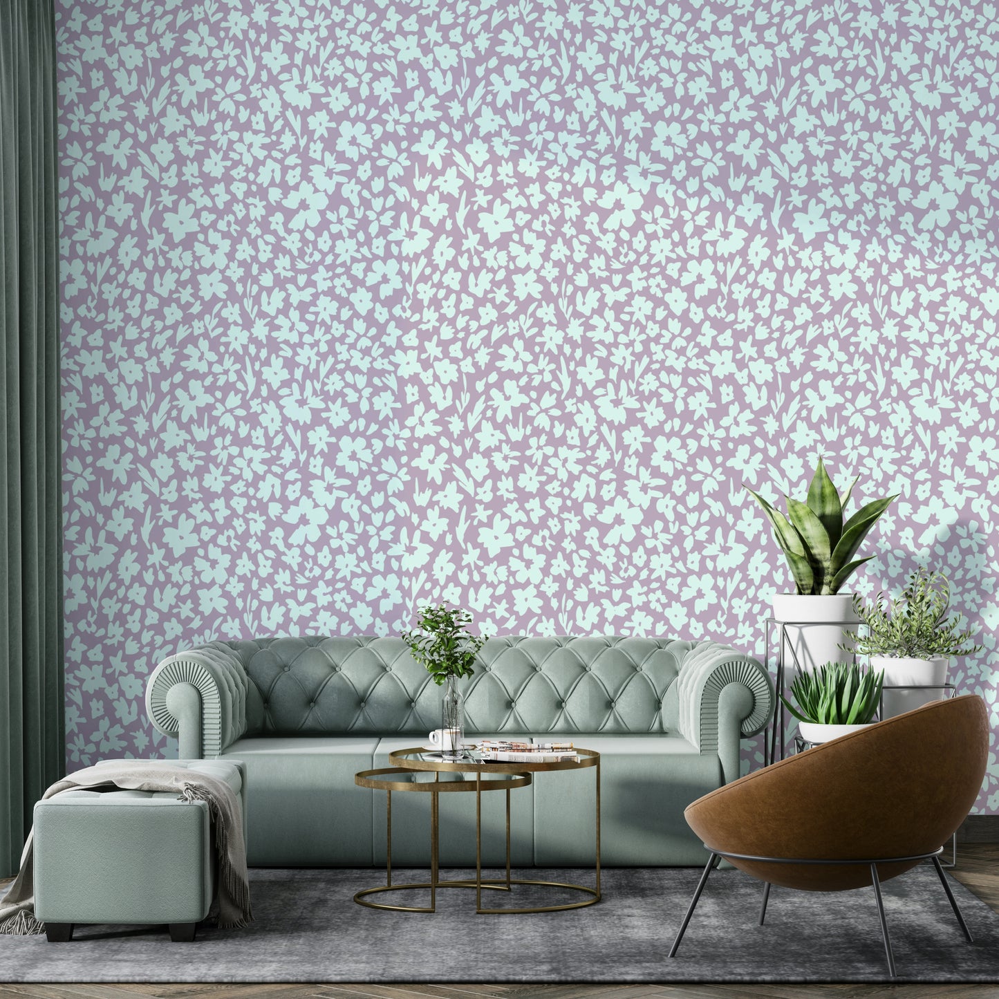 A living room decorated with a sketched floral mural

