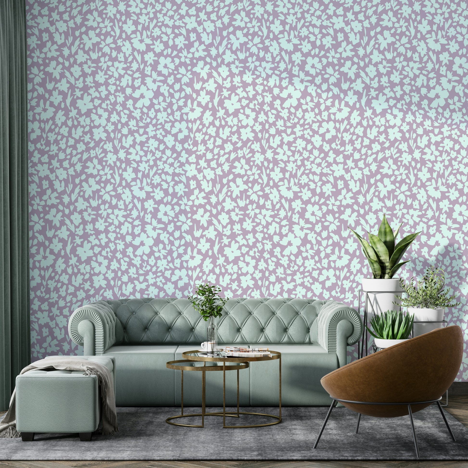 A living room decorated with a sketched floral mural

