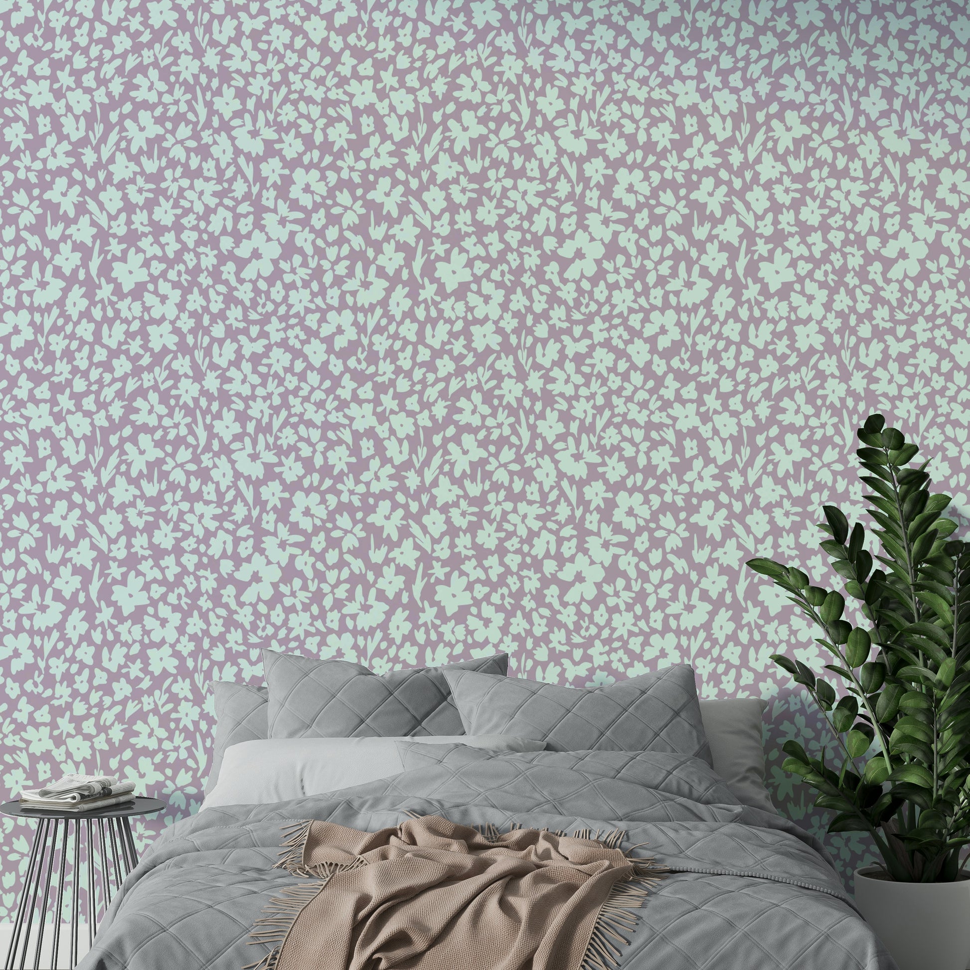 Sketched flowers wallpaper on a bedroom wall

