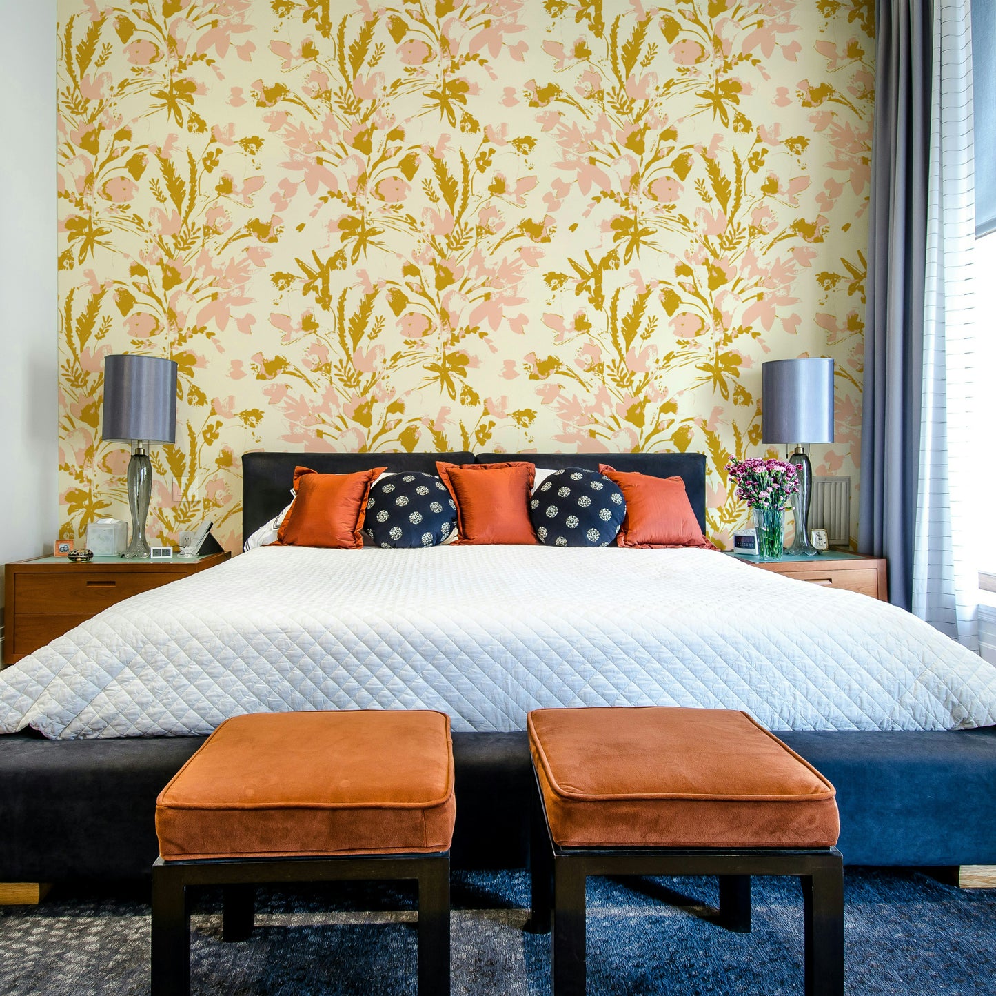 A bedroom with a cheerful hand-painted floral design


