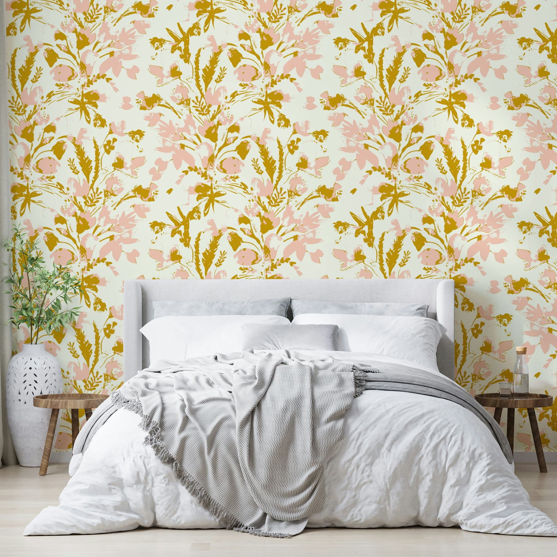 Wallpaper with a vibrant floral mural design

