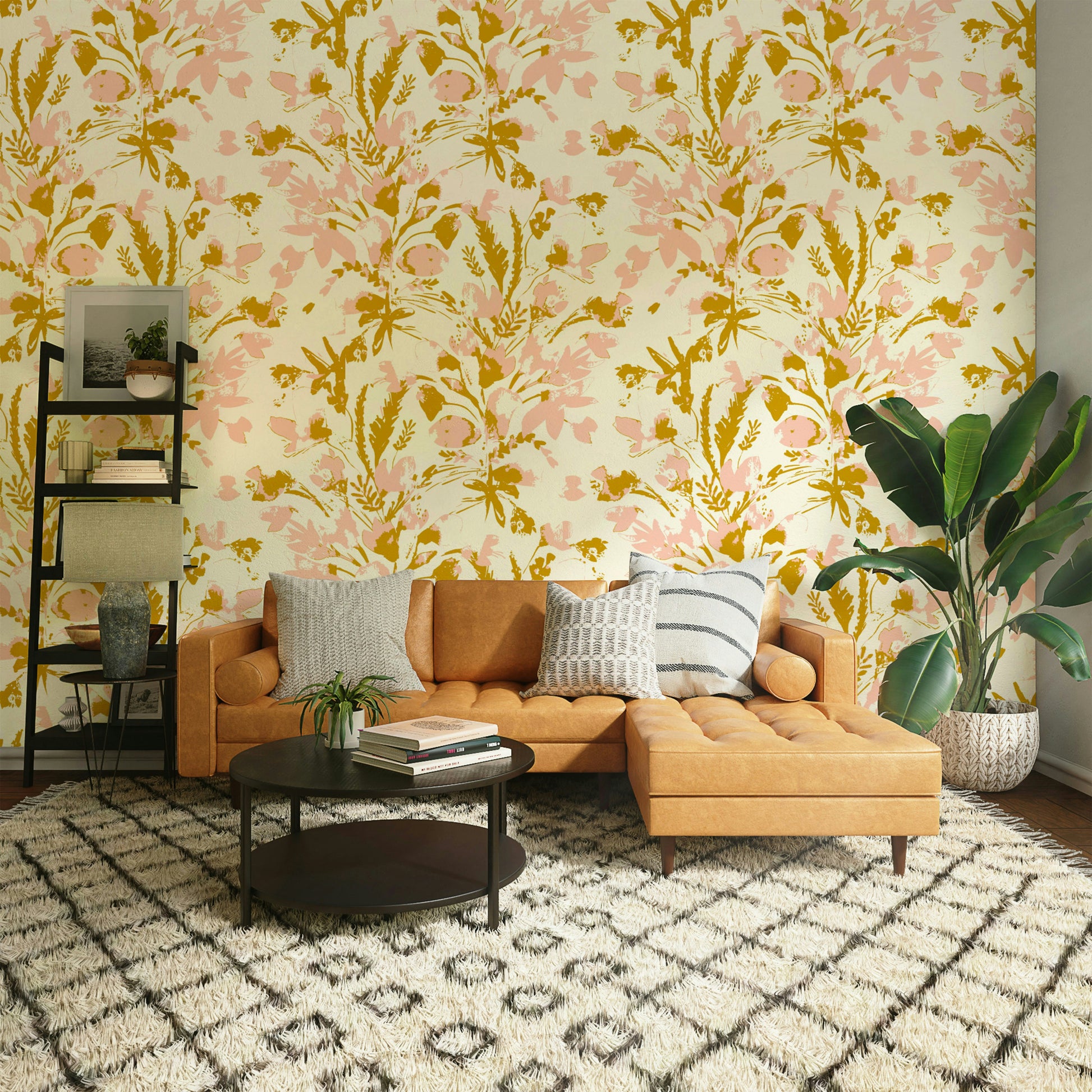 A dining area decorated with a painted floral mural

