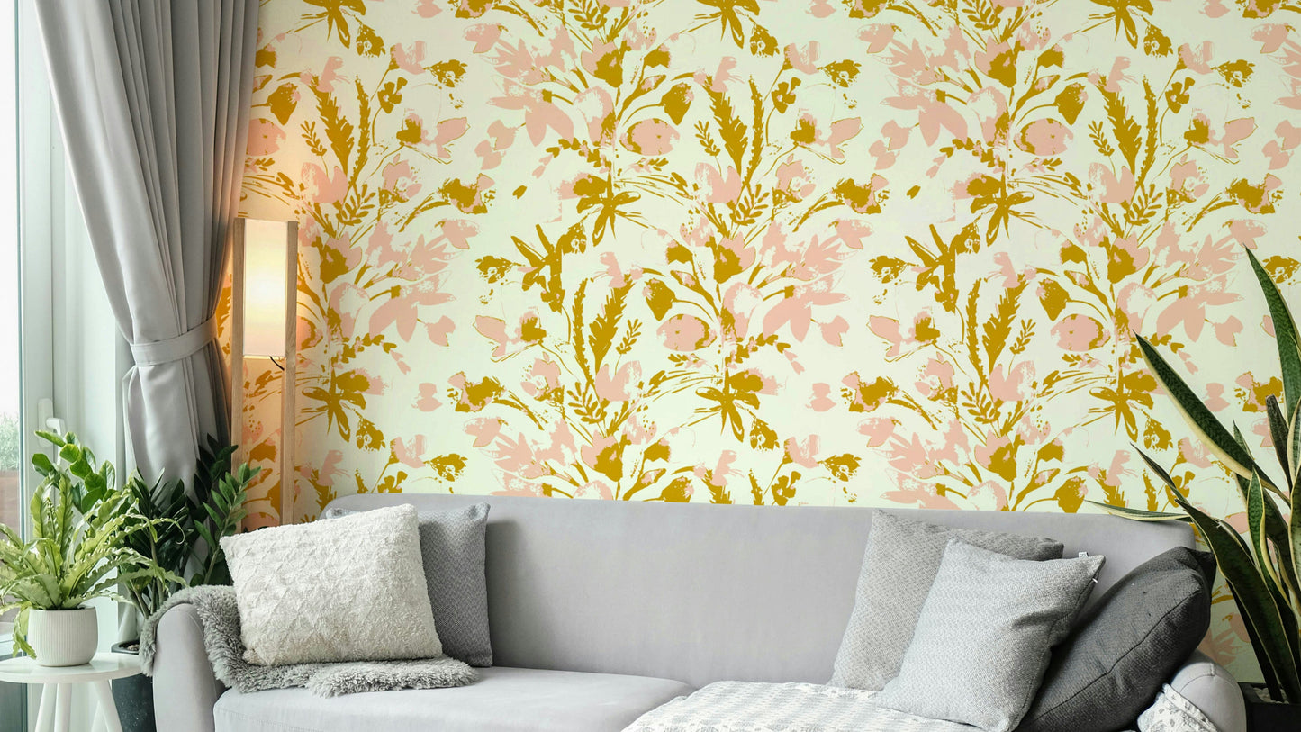 Hand painted summer floral wallpaper on a living room wall

