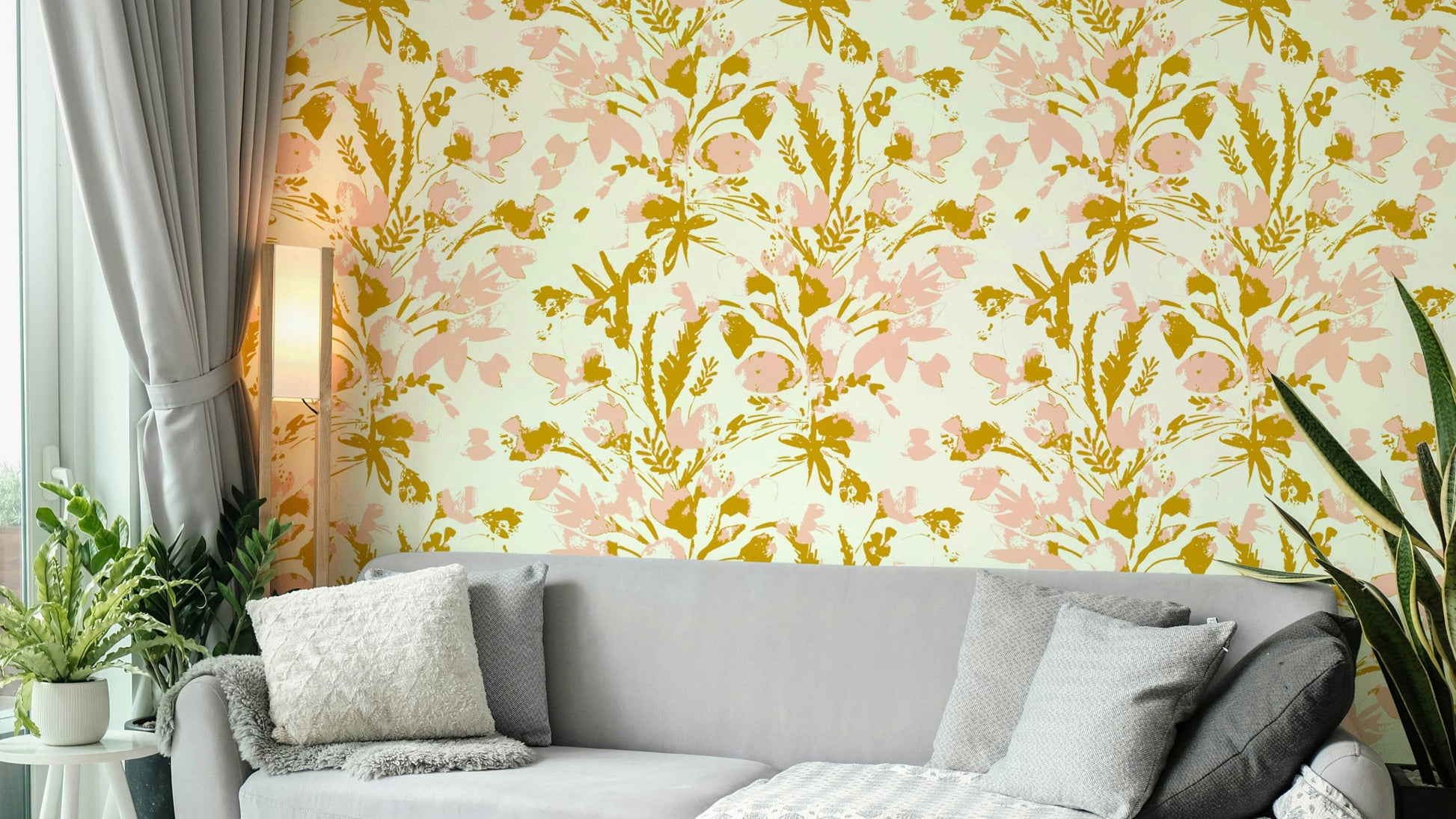 Hand painted summer floral wallpaper on a living room wall

