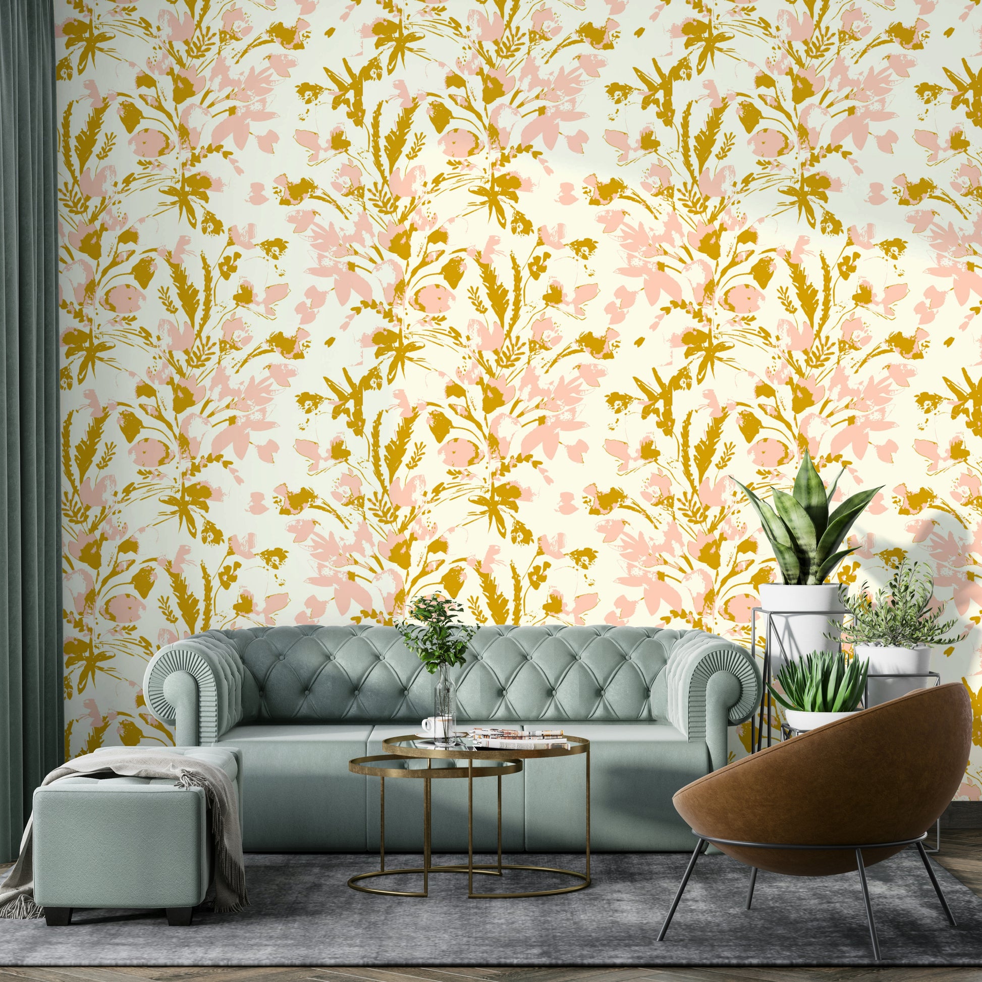 High-quality image of the hand painted floral wallpaper

