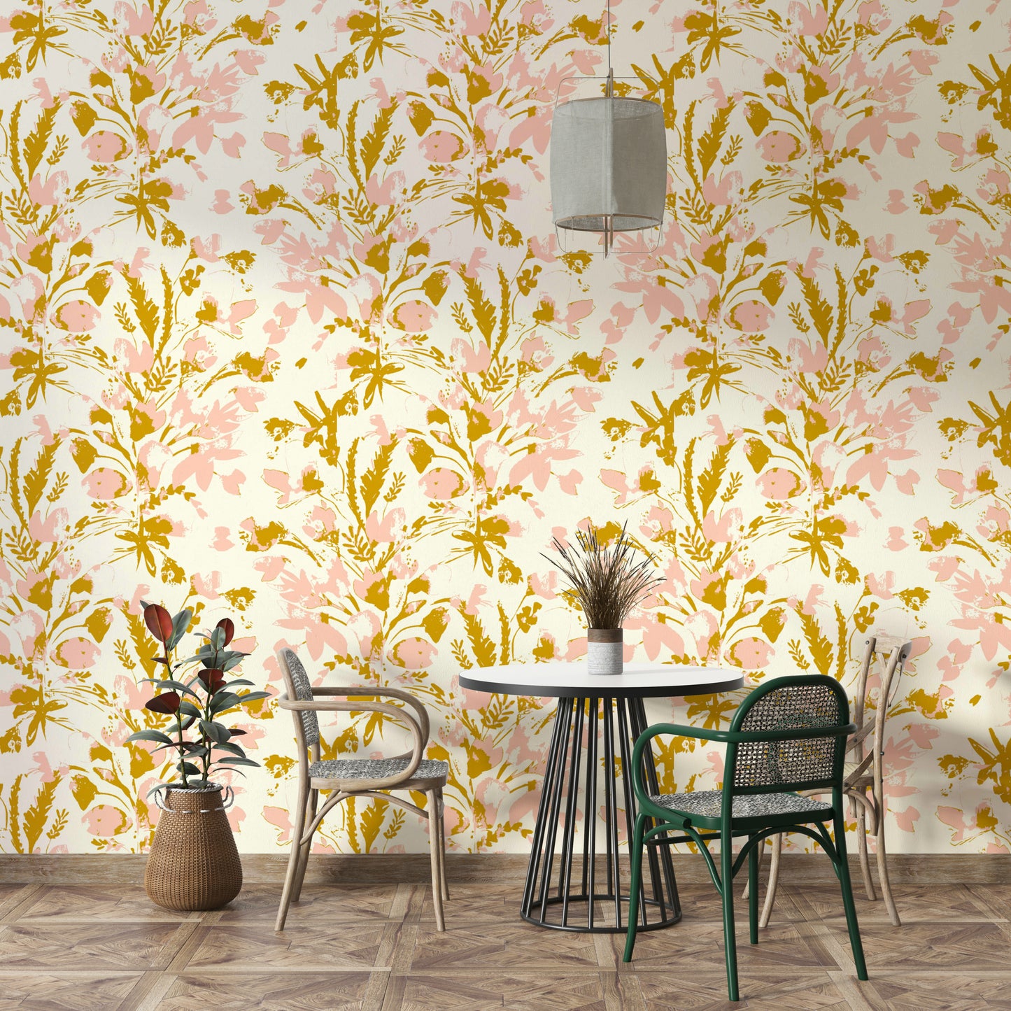 An angled shot of a wall with flower wallpaper

