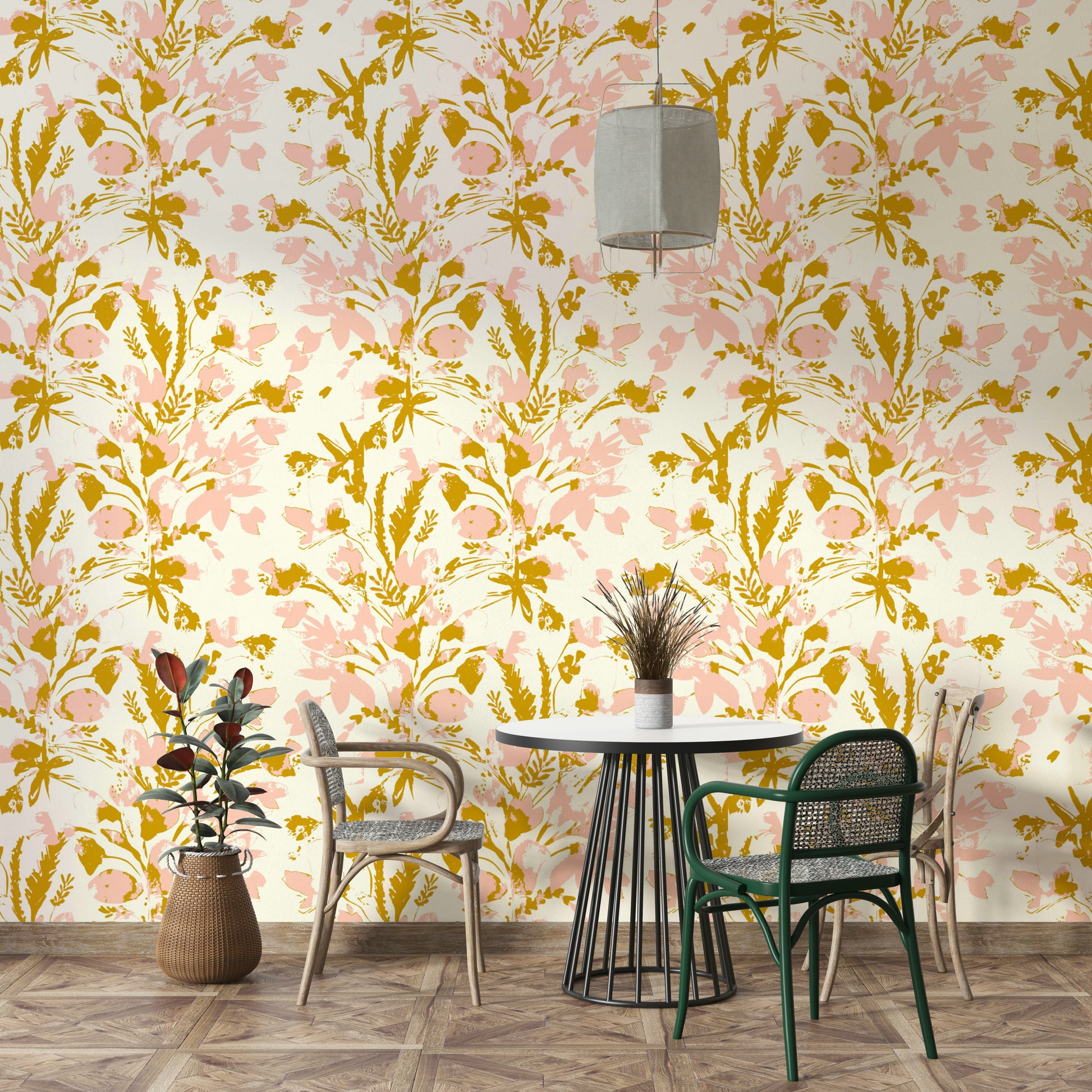 An angled shot of a wall with flower wallpaper


