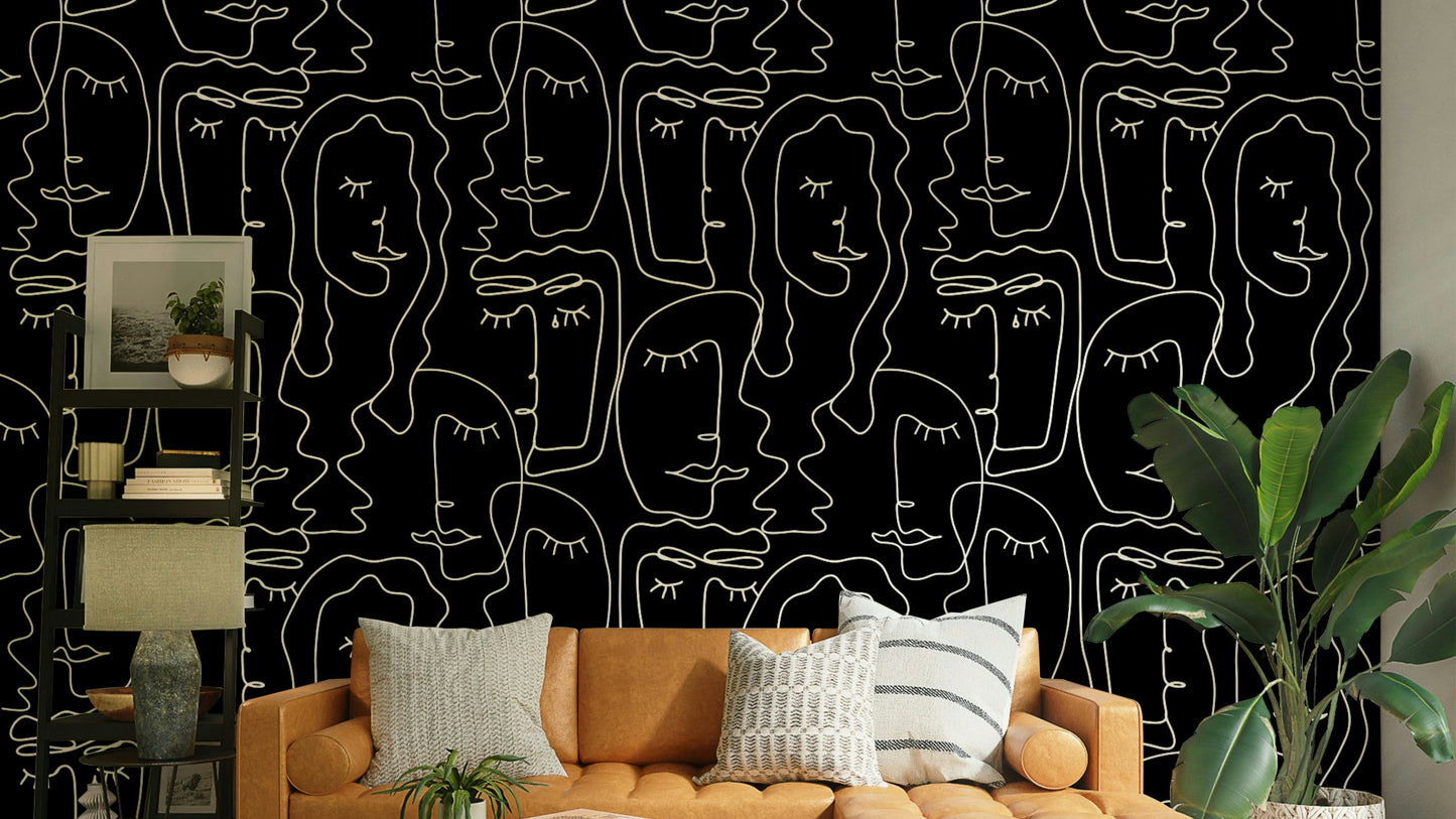 Outline faces wallpaper on a living room wall

