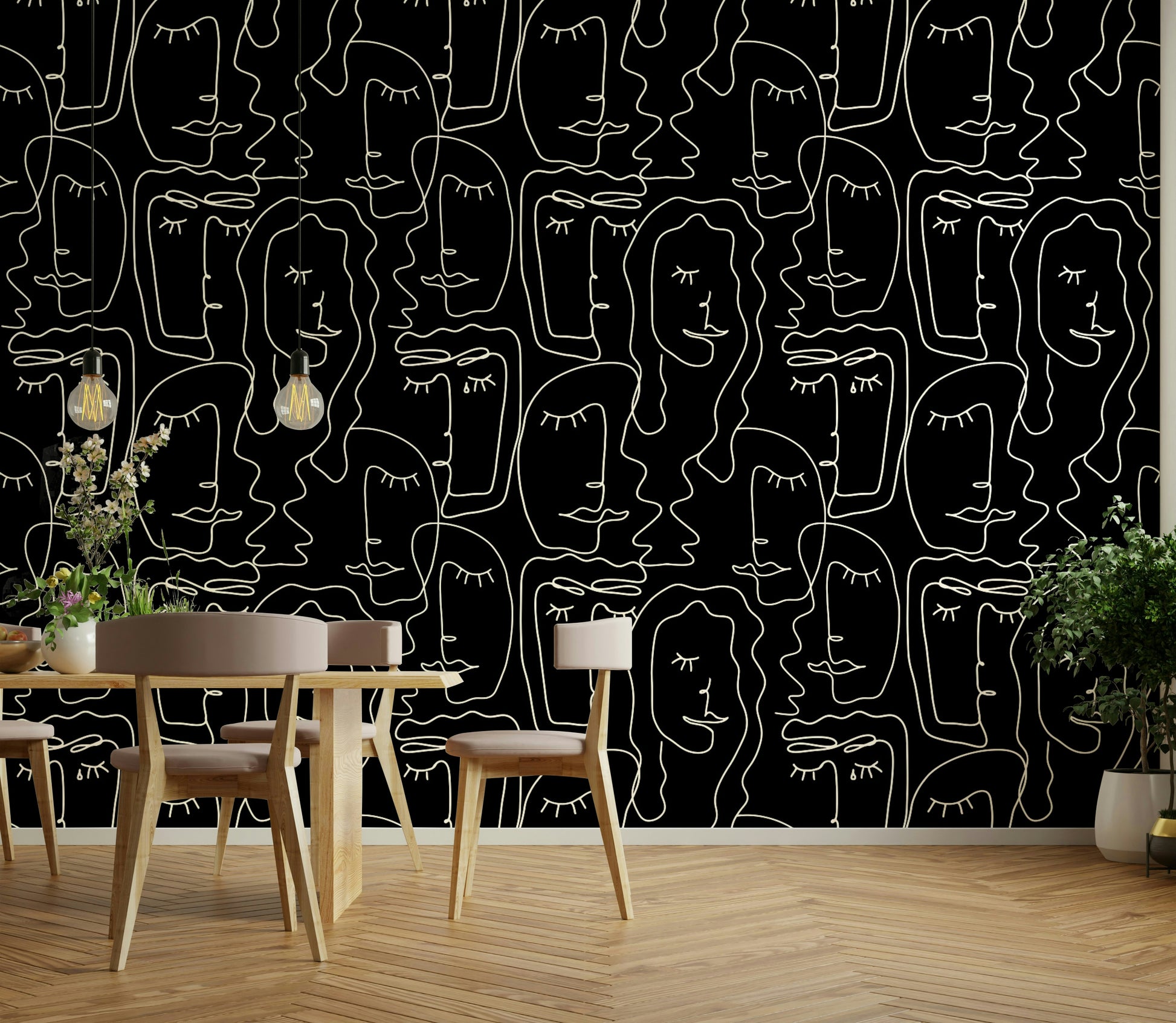 A contemporary bedroom with an abstract faces mural

