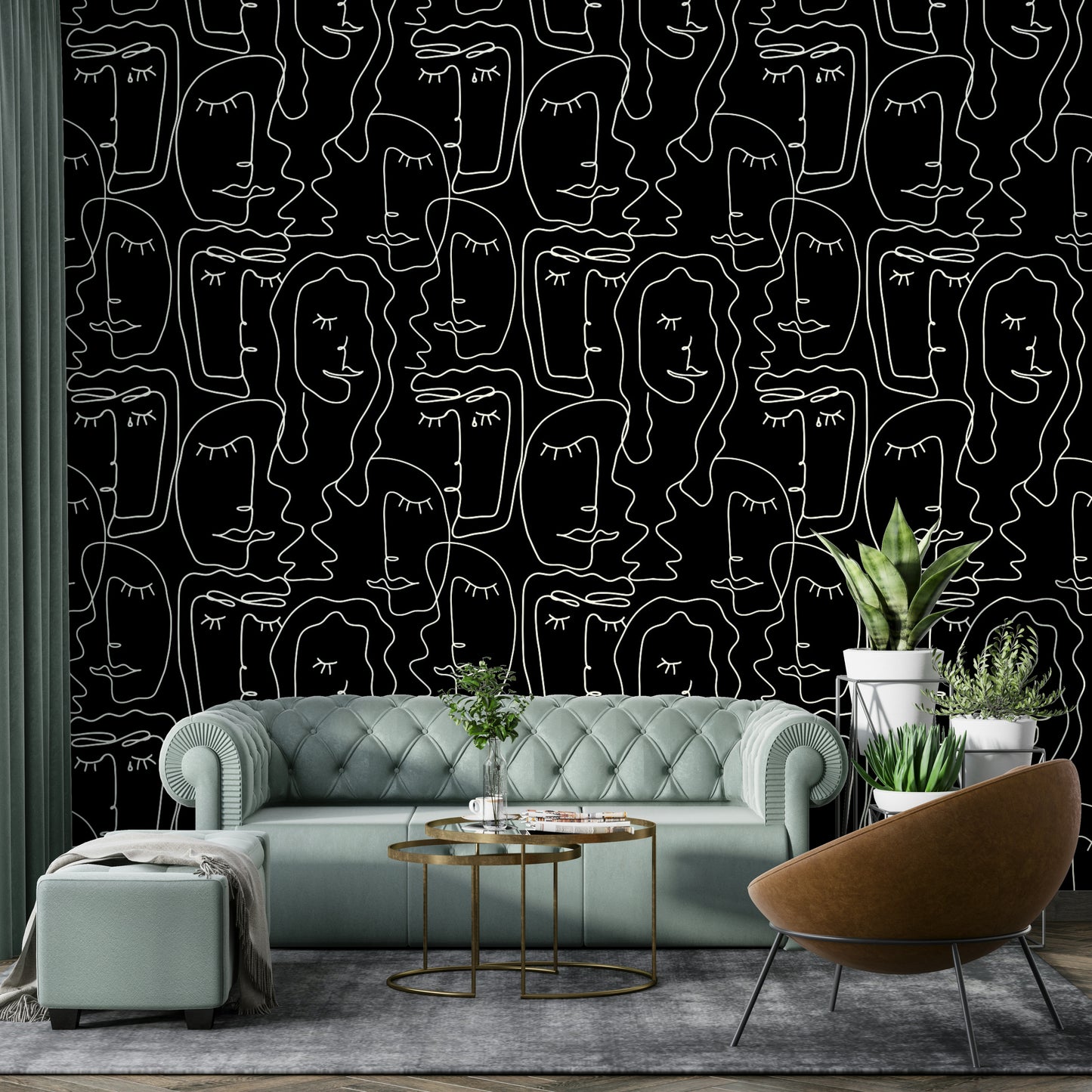 Detailed view of the continuous line drawing wallpaper


