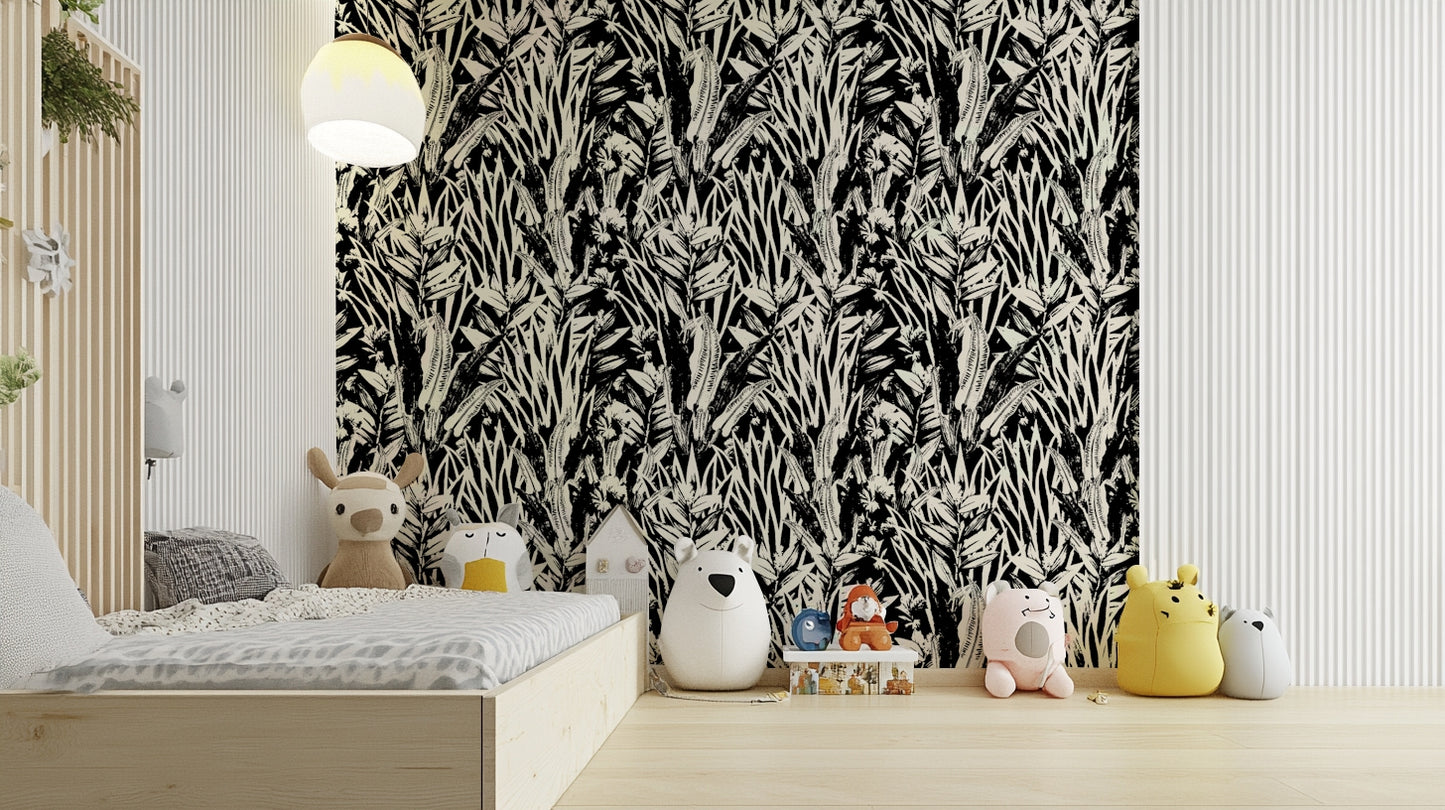 An angled shot of a wall with monochrome wallpaper

