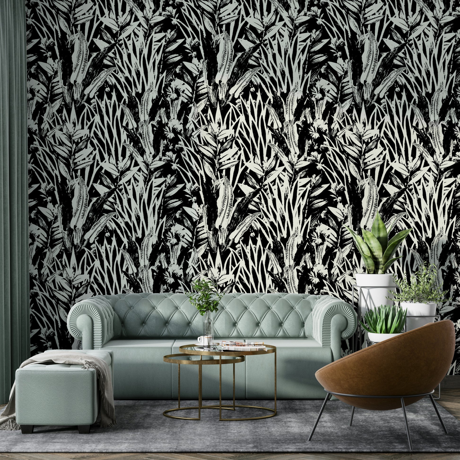 Wallpaper with a hand-drawn floral and leaf design

