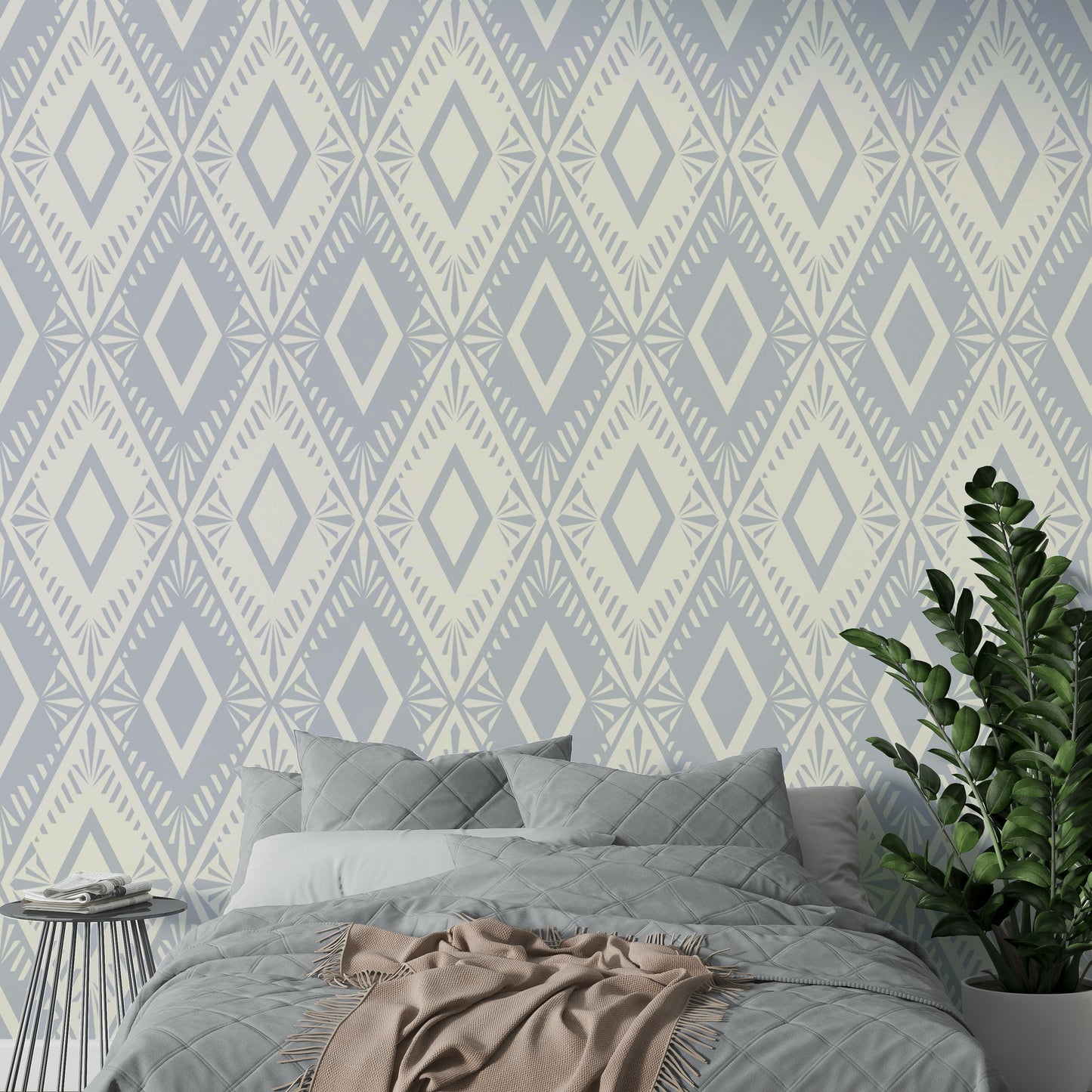 An angled shot of a wall with rhombus wallpaper

