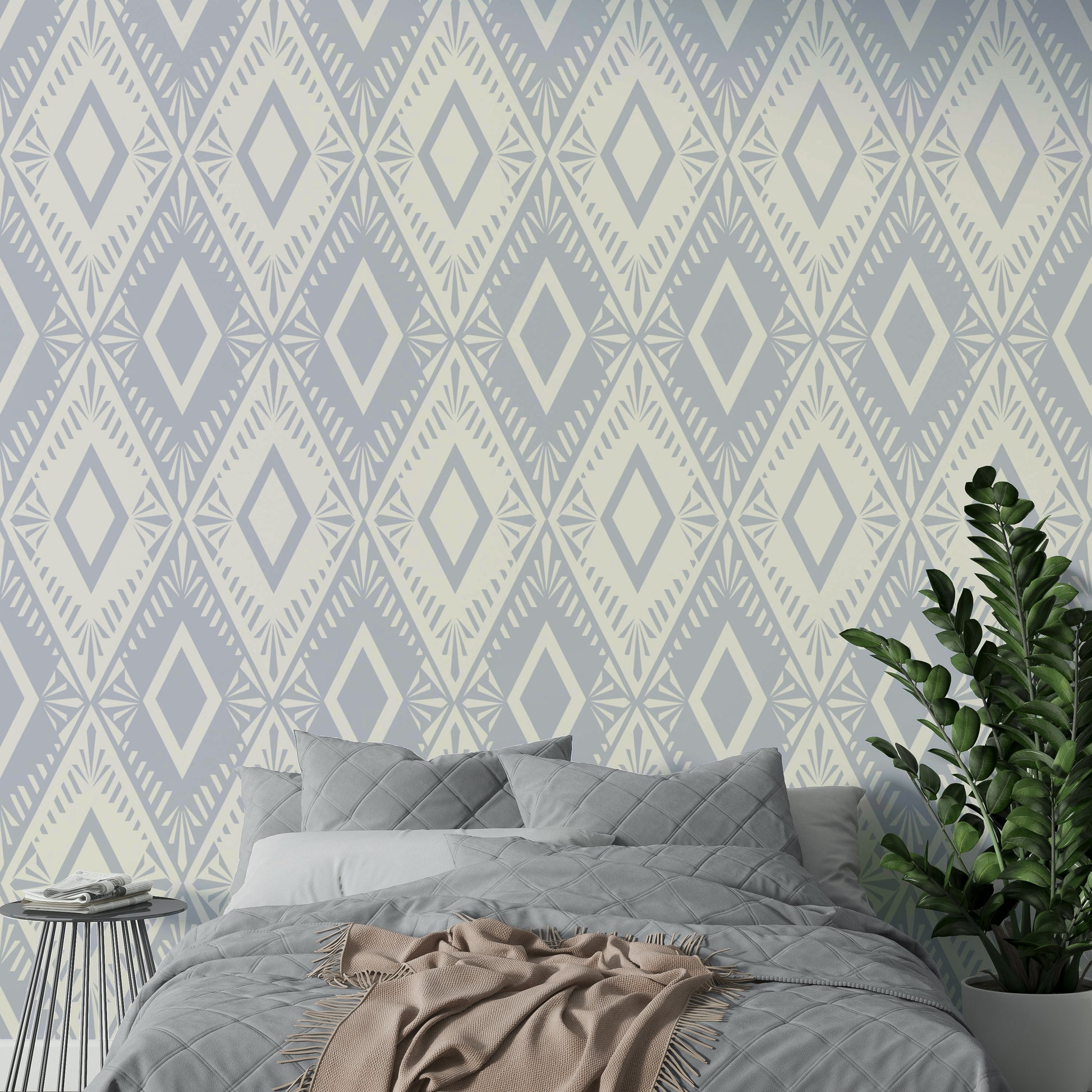 An angled shot of a wall with rhombus wallpaper

