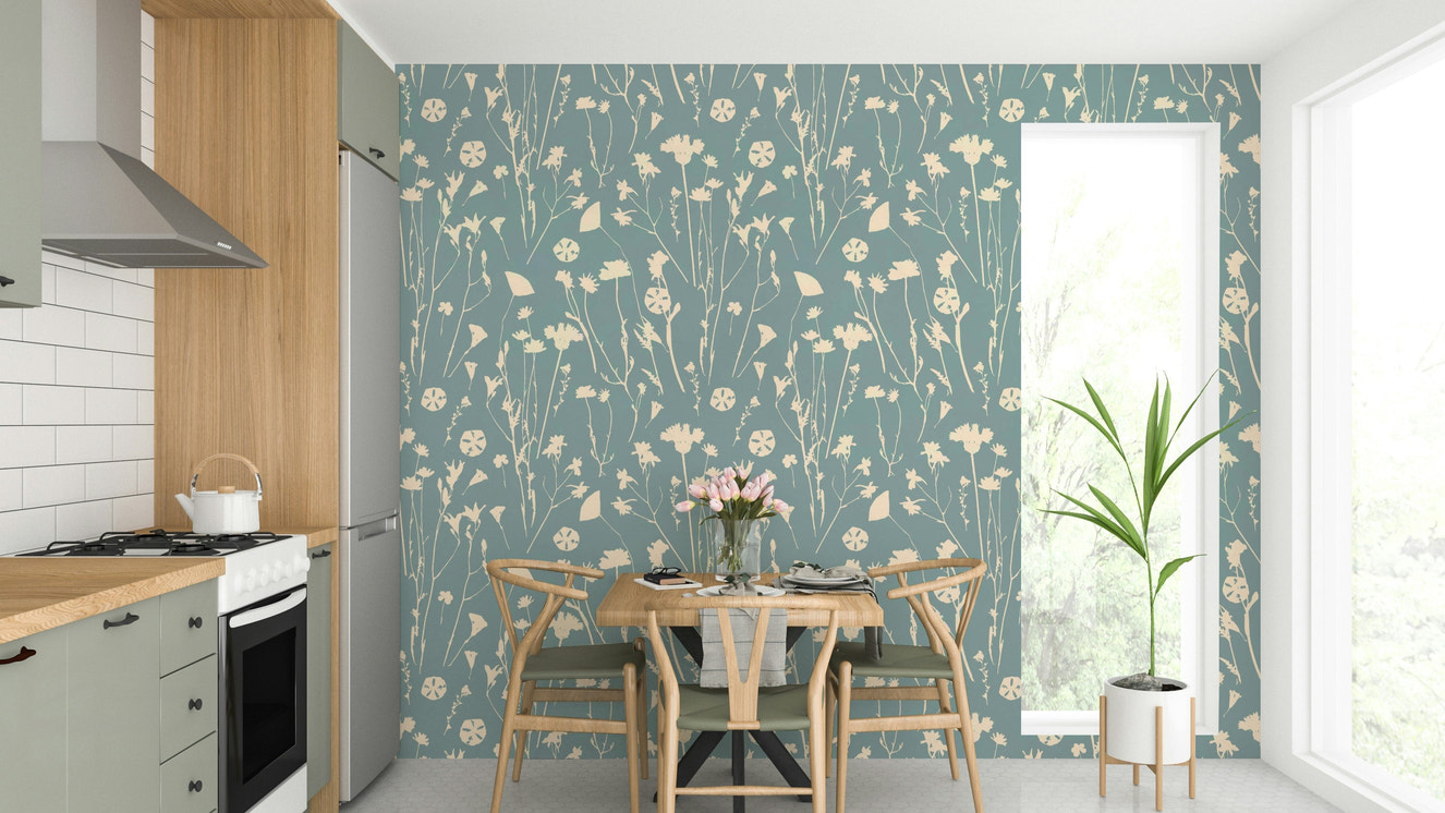 Subtle print wallpaper on a living room wall

